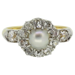 Edwardian Natural Pearl and Diamond Cluster Ring