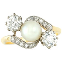 Edwardian Natural Pearl and Diamond Cross Over Ring