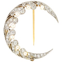 Edwardian Natural Pearl and Diamond Moon Brooch