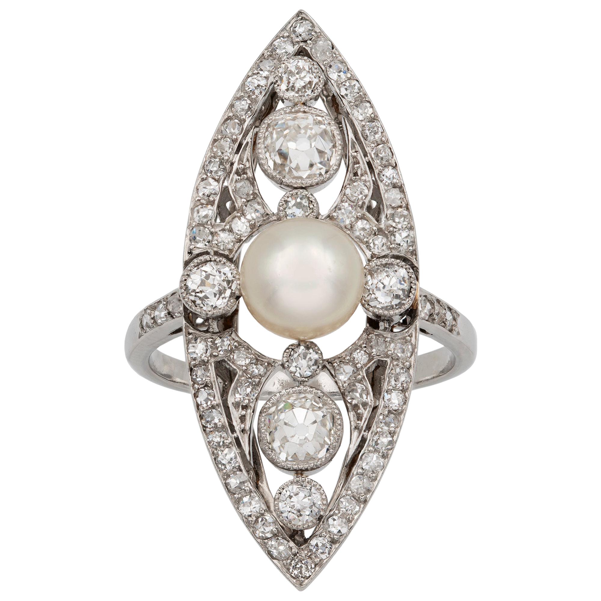 Edwardian Natural Pearl and Diamond Navette-Shaped Ring For Sale
