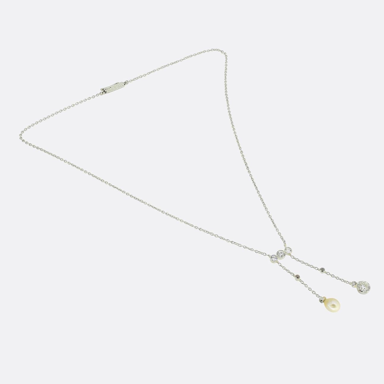 Old Mine Cut Edwardian Natural Pearl and Diamond Negligee Necklace For Sale