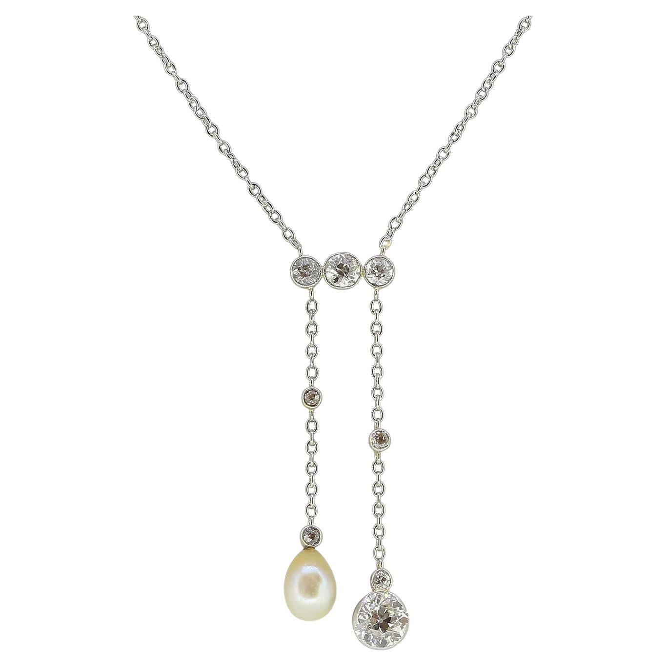 Edwardian Natural Pearl and Diamond Negligee Necklace For Sale