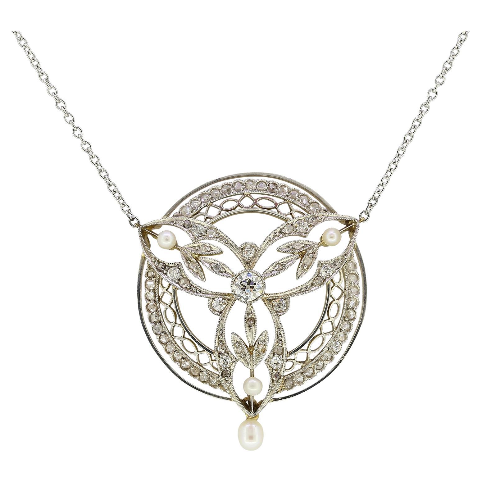 Edwardian Natural Pearl and Diamond Pendant Necklace