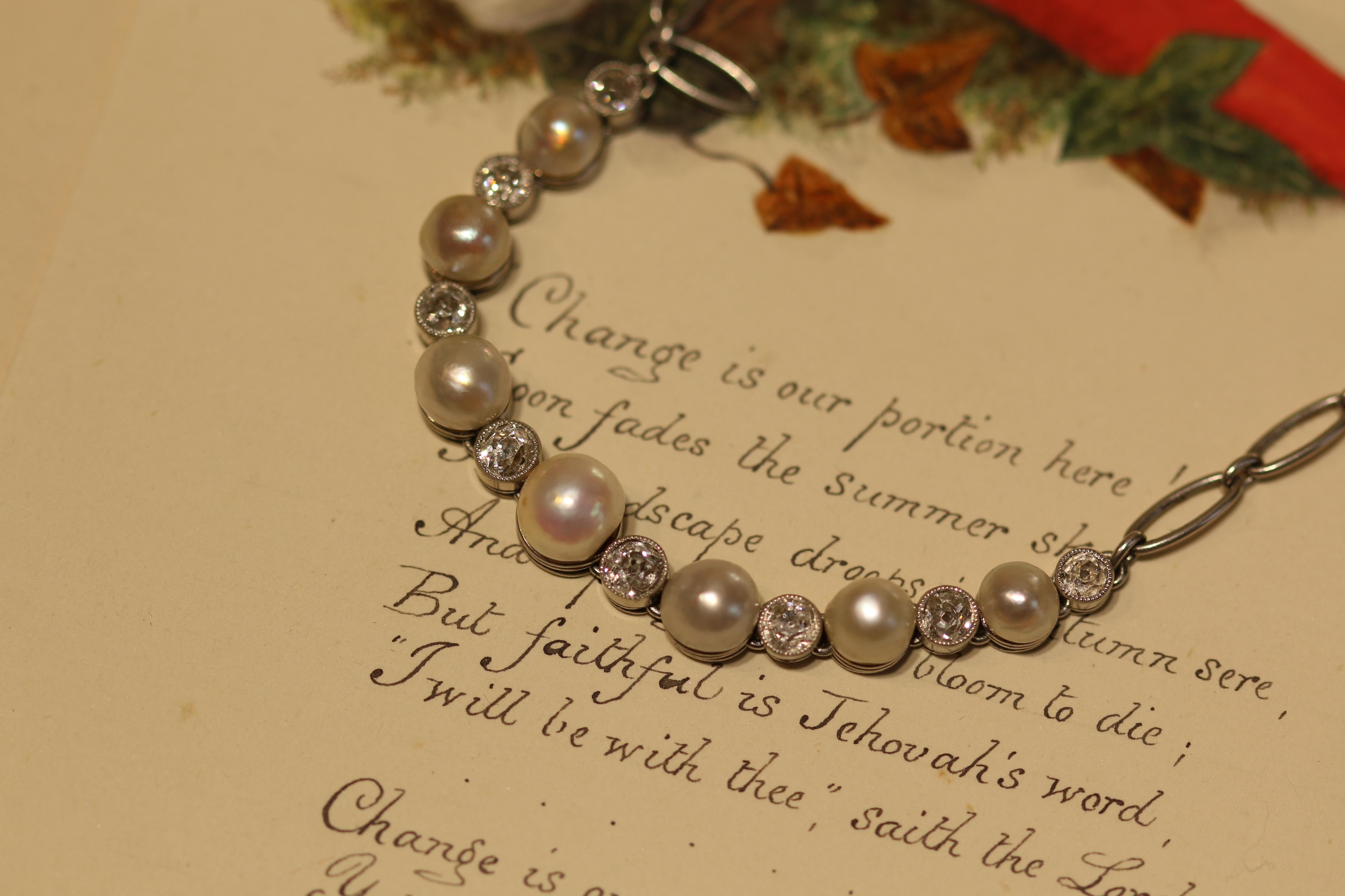 Edwardian Natural Pearl and Diamond Platinum Bracelet (Alteuropäischer Schliff)