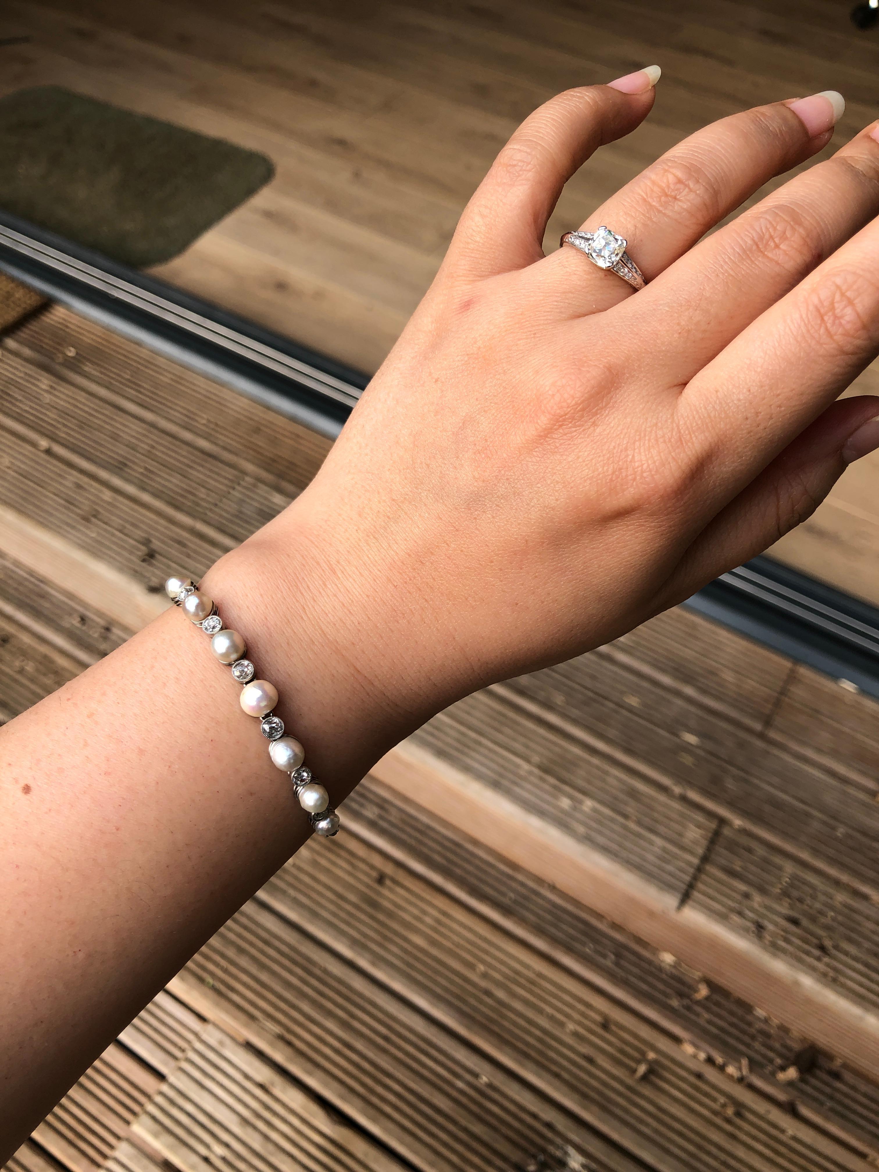 Edwardian Natural Pearl and Diamond Platinum Bracelet In Good Condition In Banbury, GB