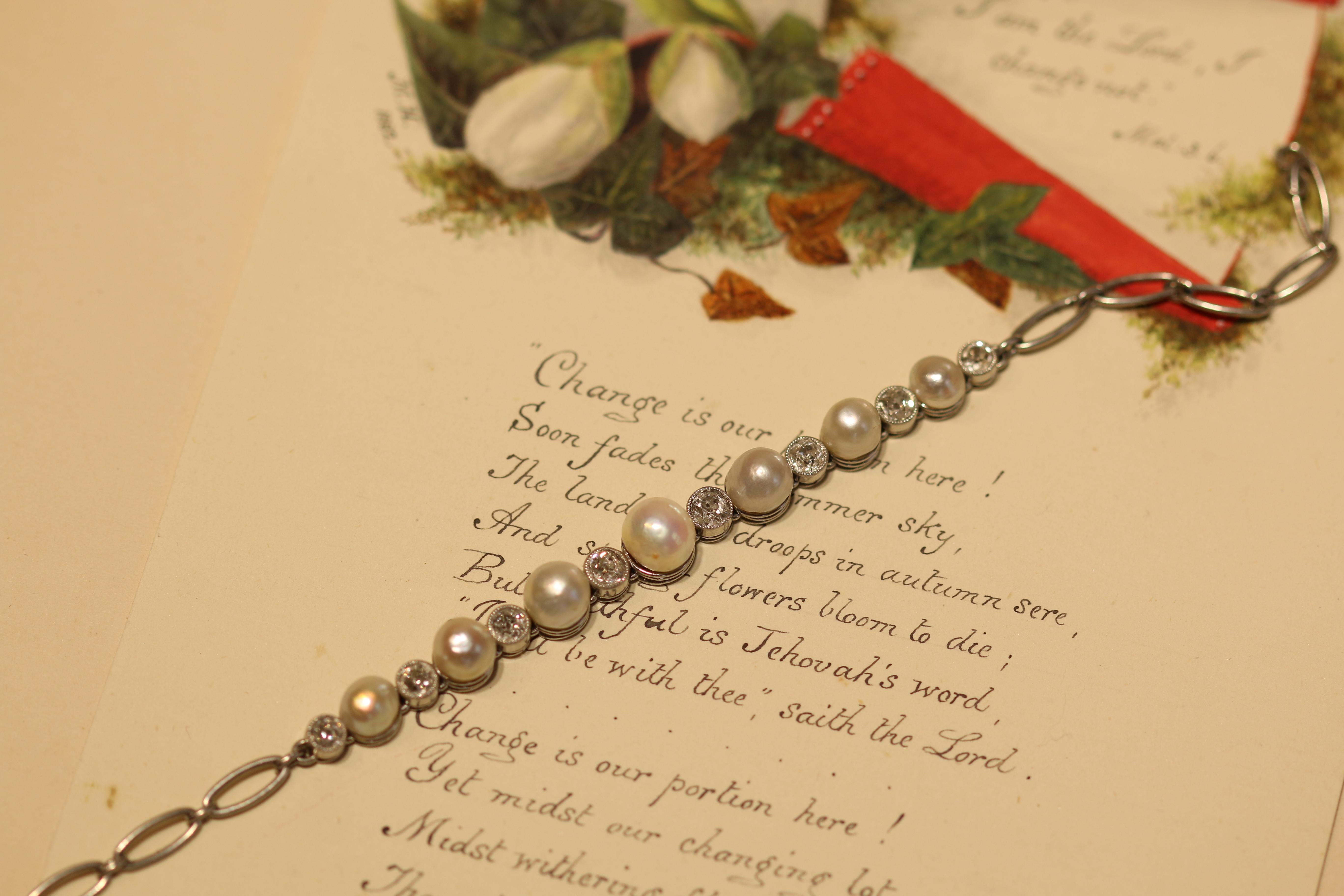 Edwardian Natural Pearl and Diamond Platinum Bracelet 1