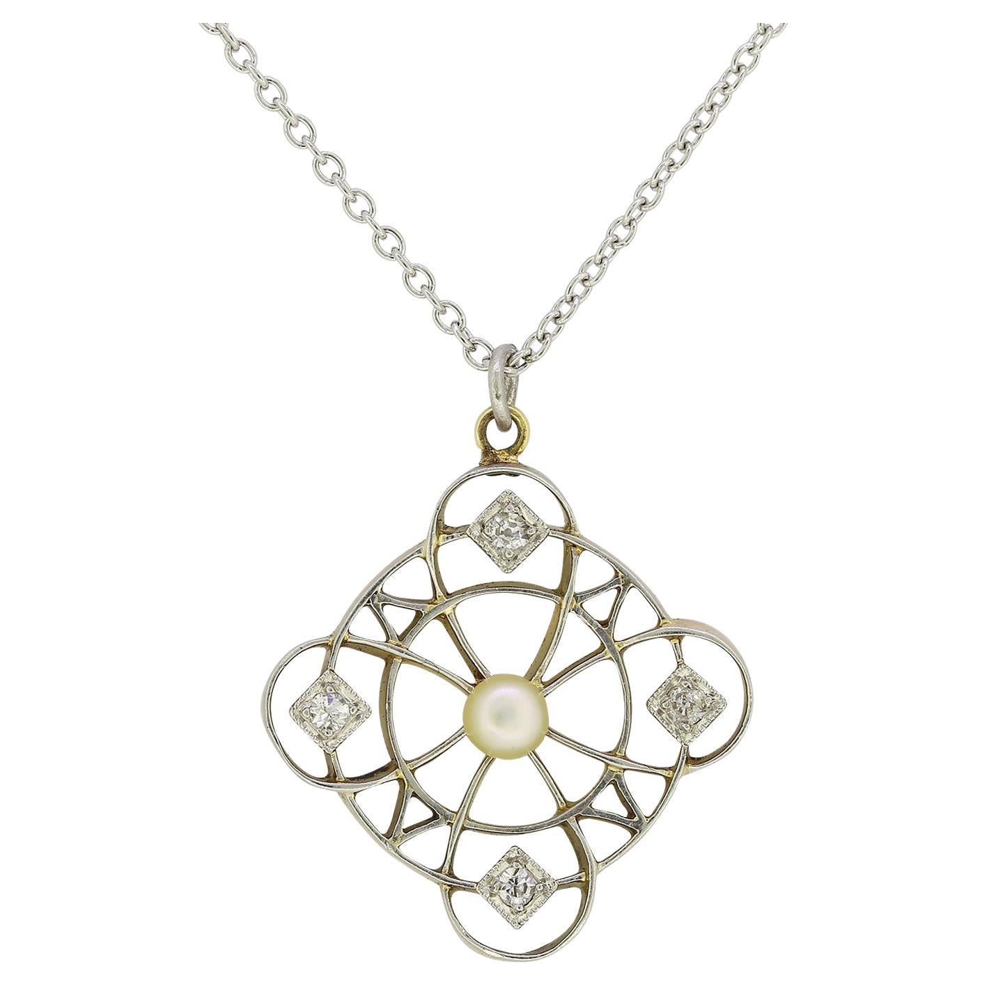 Edwardian Natural Pearl and Diamond Target Necklace