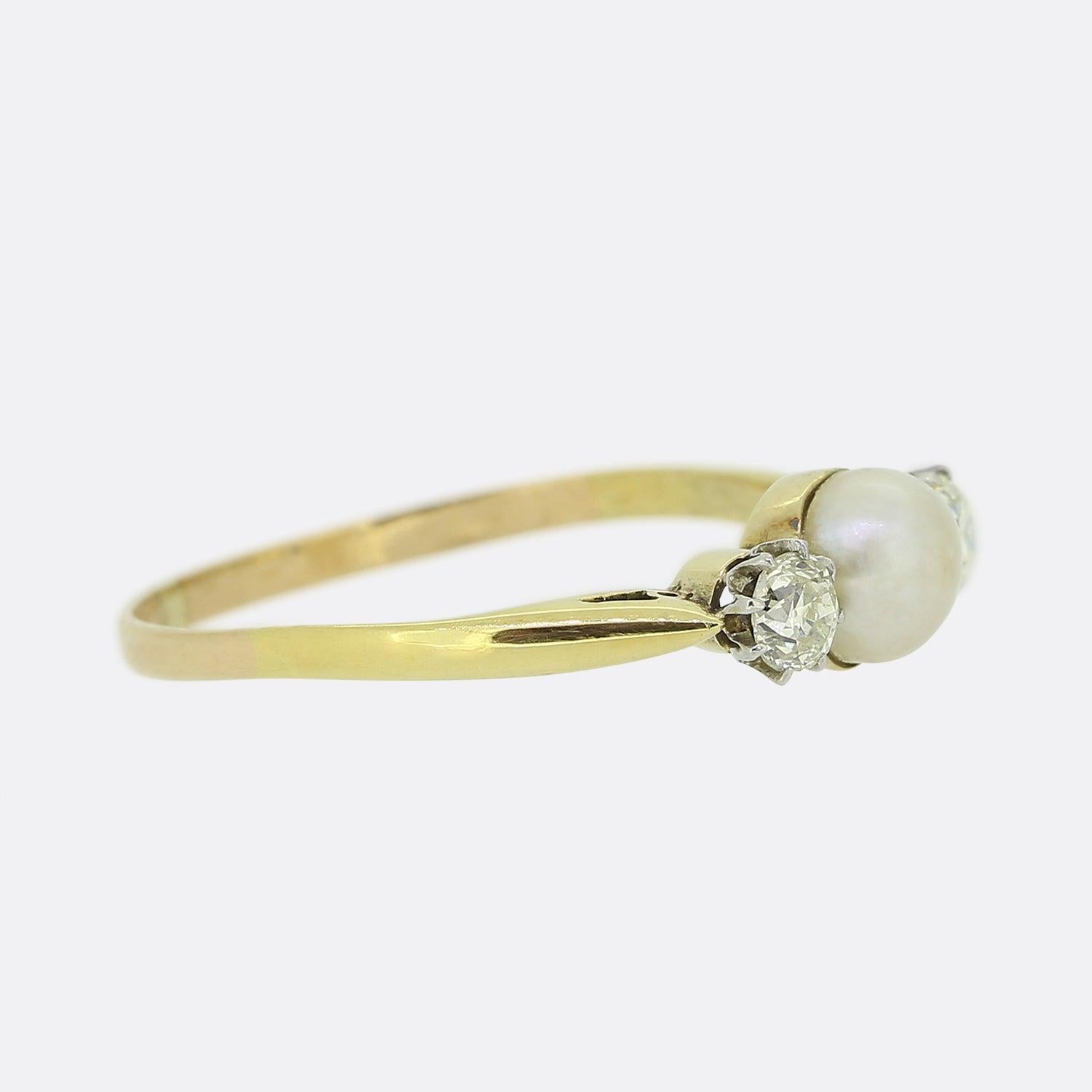 Round Cut Edwardian Natural Pearl and Diamond Three-Stone Ring For Sale