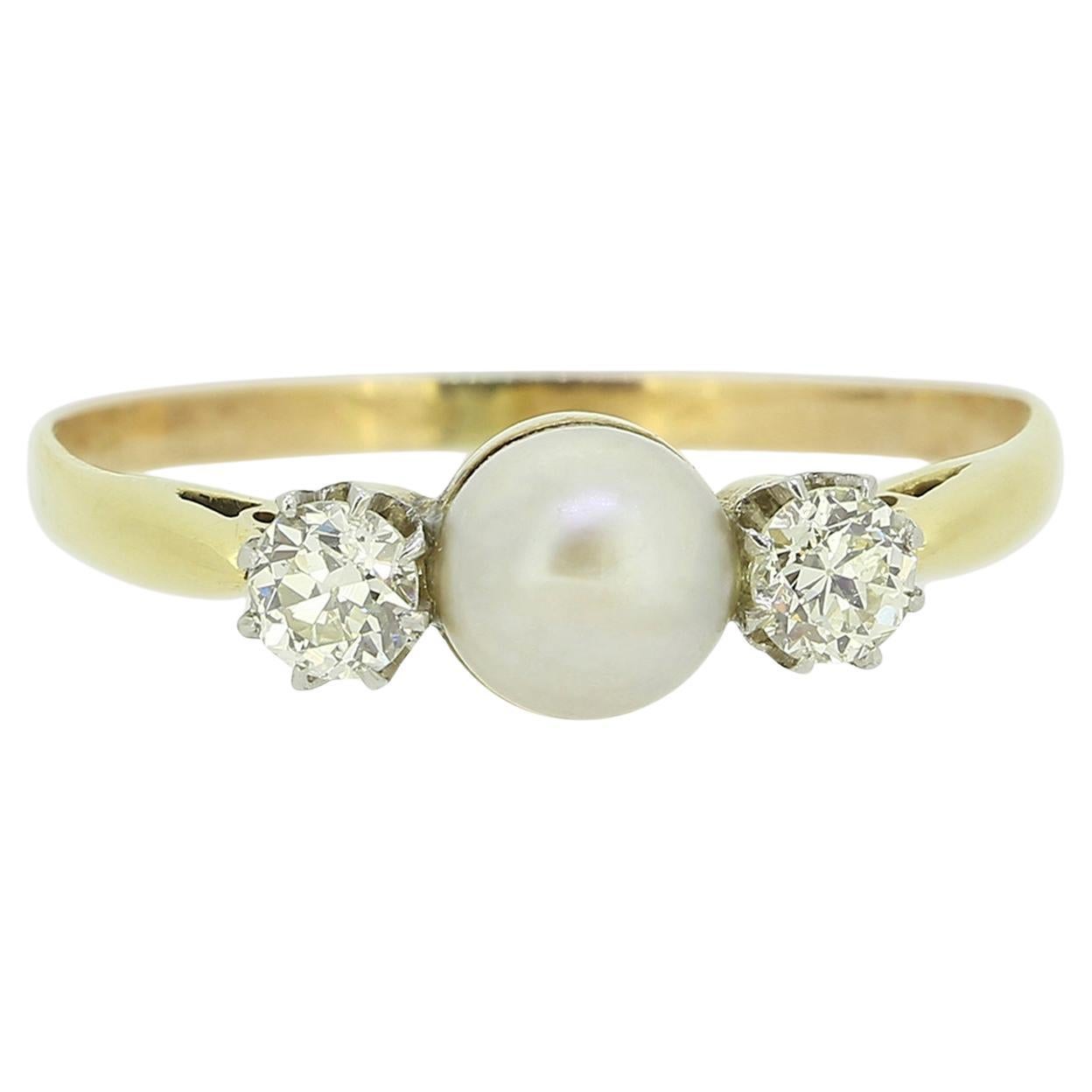 Edwardian Natural Pearl and Diamond Three-Stone Ring For Sale