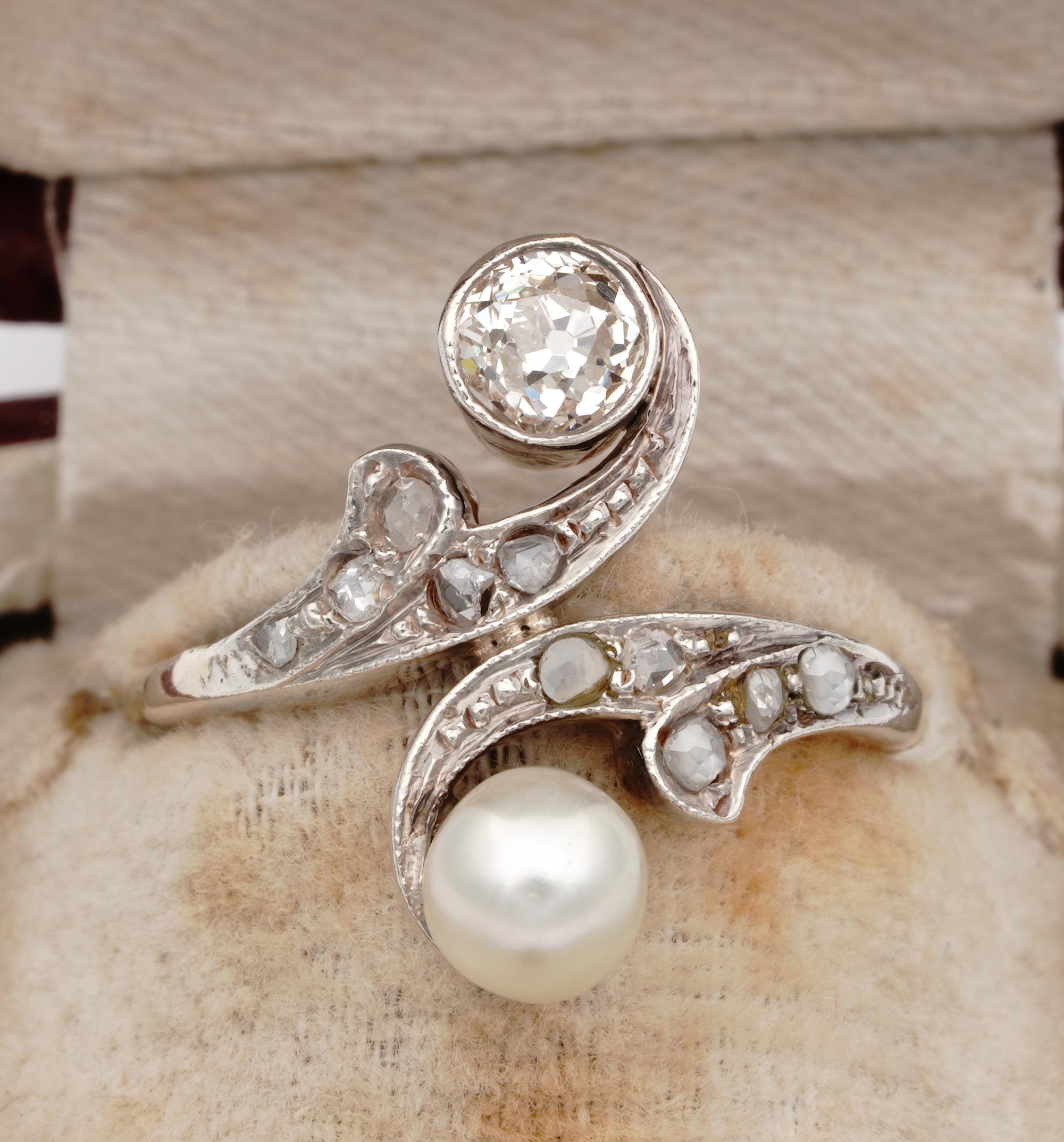  Unsurpassed Edwardian Beauty!

Fantastic toi et moi example of the Edwardian period hand crafted during 1900 ca.
Unsurpassed in elegance through the centuries, this more than 100 years old rare engagement ring is even more sought after and
