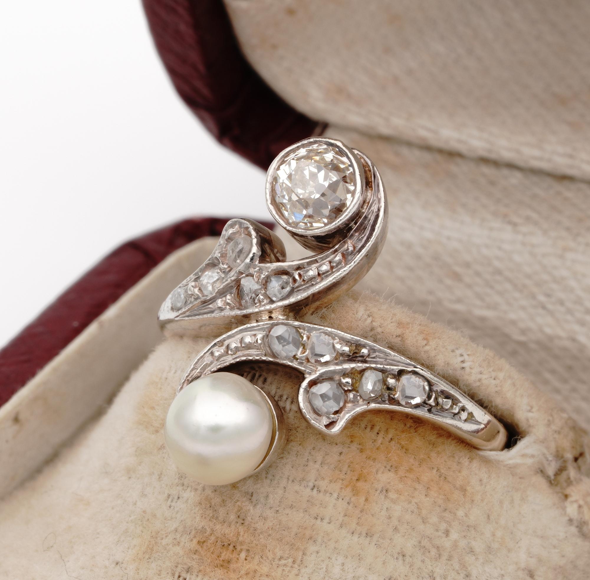Victorian Edwardian Natural Pearl and Diamond Toi et Moi Engagement Ring For Sale