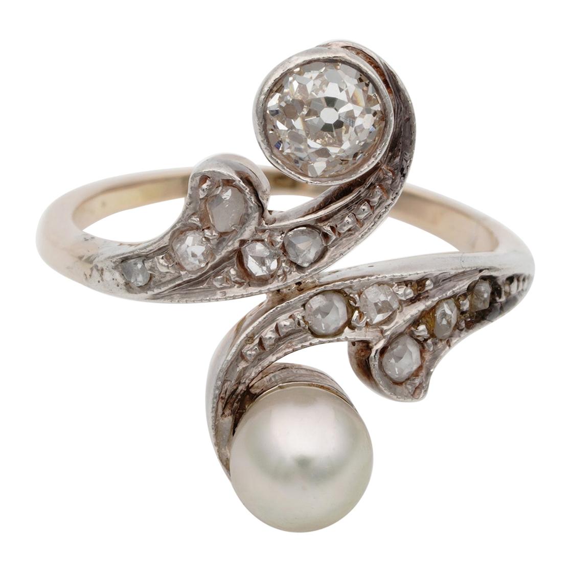 Edwardian Natural Pearl and Diamond Toi et Moi Engagement Ring For Sale