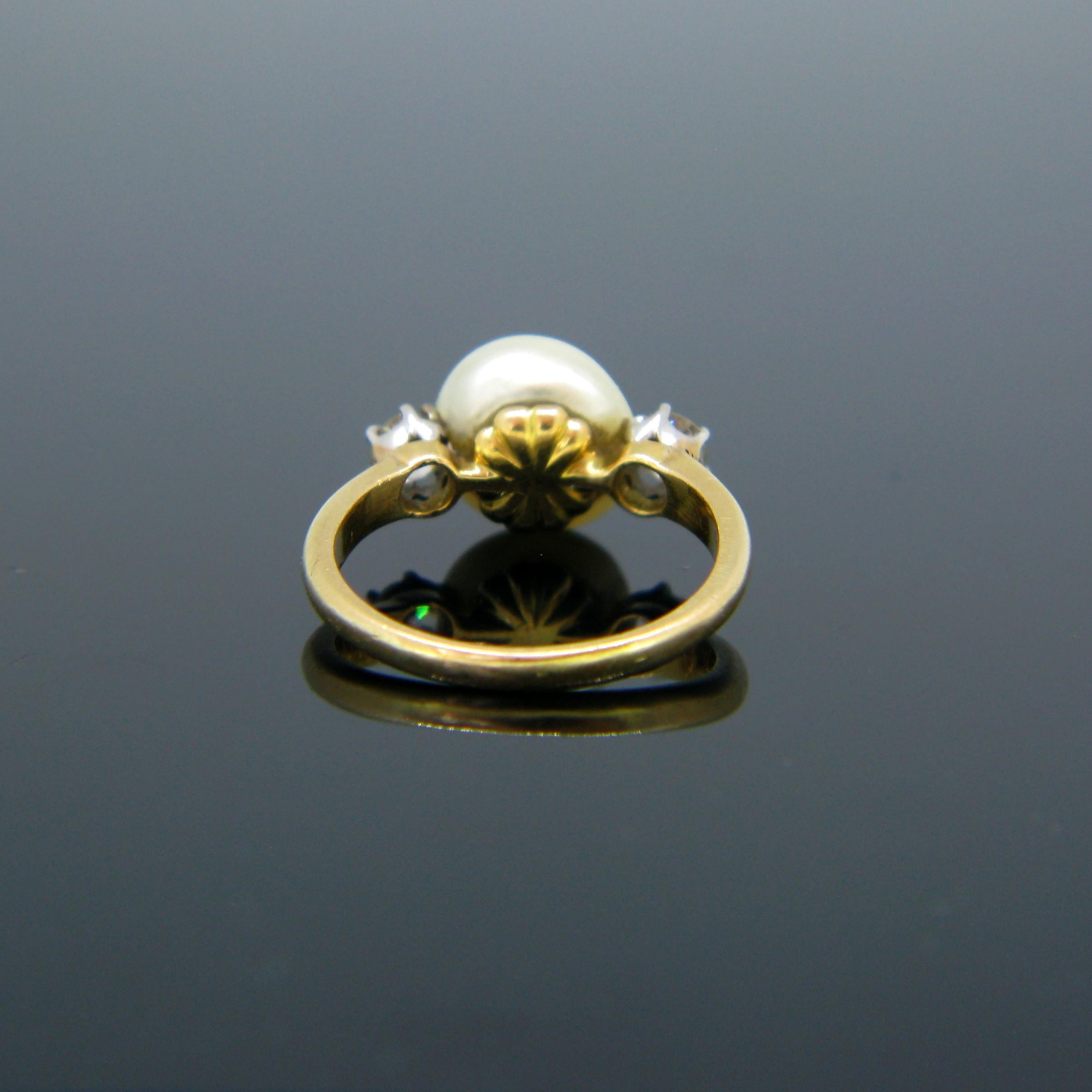 Edwardian Natural Pearl and Diamonds Yellow Gold Platinum Ring 1