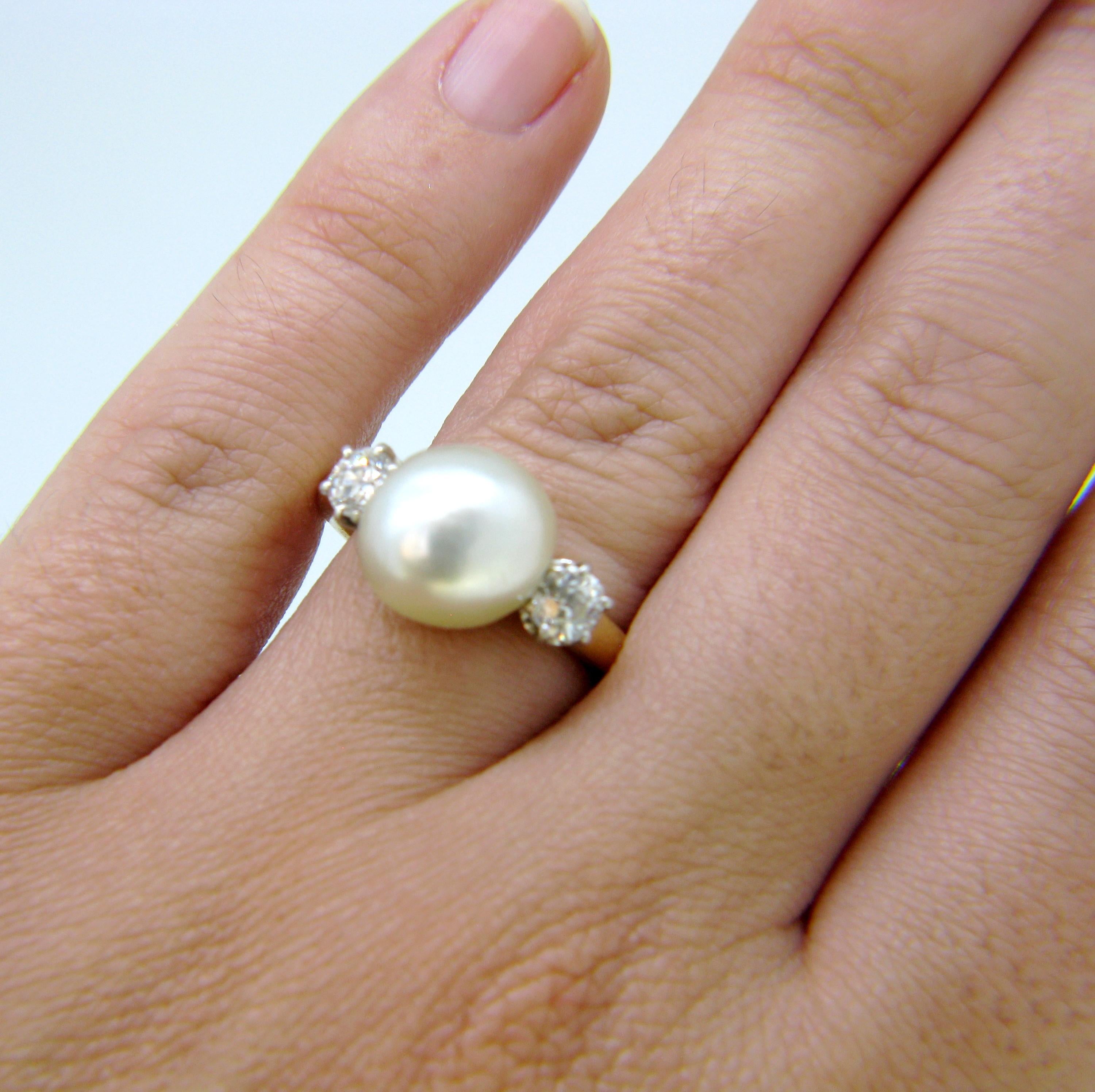 Edwardian Natural Pearl and Diamonds Yellow Gold Platinum Ring 3