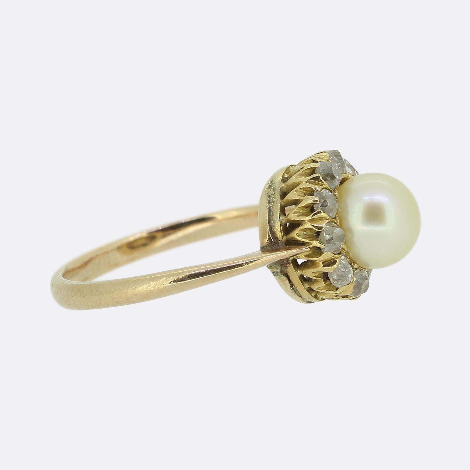 Old Mine Cut Edwardian Natural Pearl and Old Cut Diamond Ring