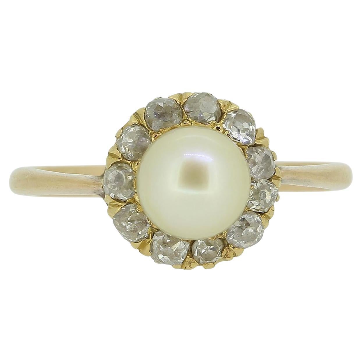Edwardian Natural Pearl and Old Cut Diamond Ring