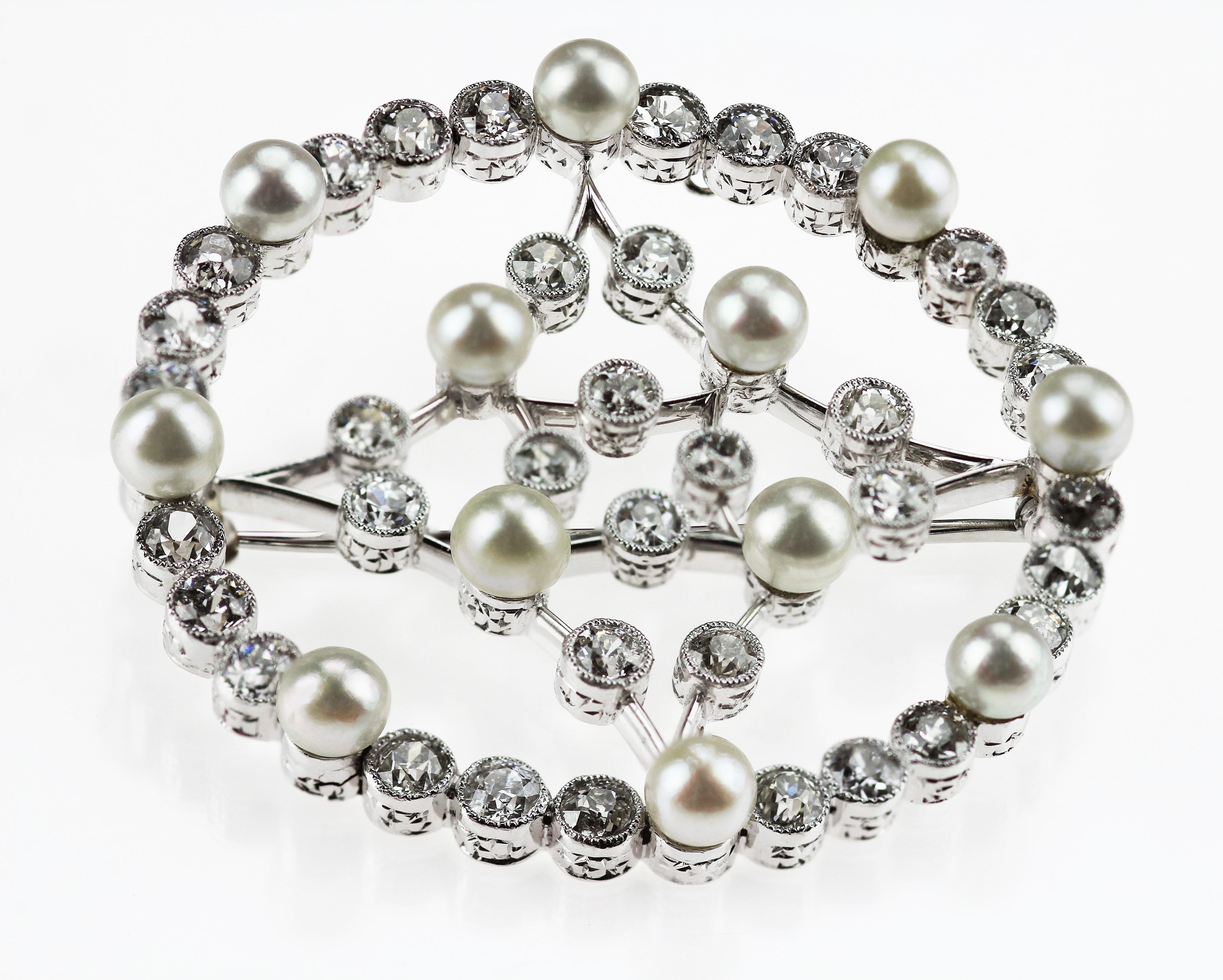 Women's Edwardian Natural Pearl and Old European Diamonds Platinum Circular Brooch
