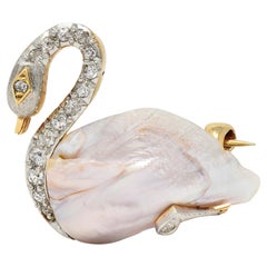 Edwardian Natural Pearl Diamond 14 Karat Gold Swan Vogel Antike Brosche