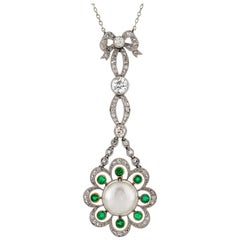 Antique Edwardian Natural Pearl, Diamond and Emerald Pendant