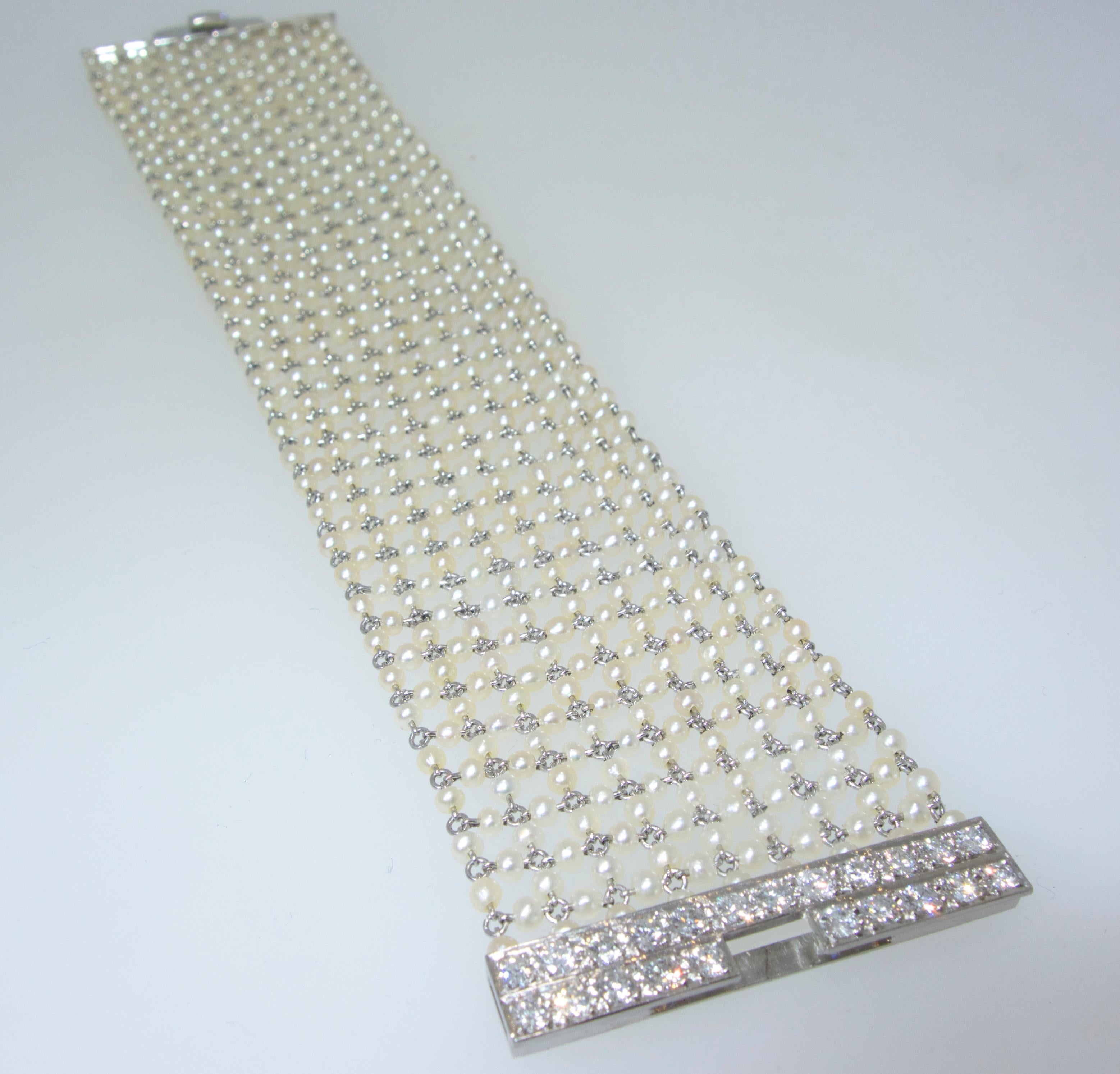 Edwardian Natural Pearl, Diamond and Platinum Bracelet, circa 1915 In Excellent Condition In Aspen, CO