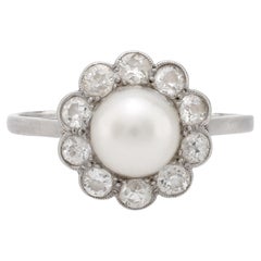 Edwardianischer Cluster-Ring aus Platin mit natürlichem Perlen-Diamant