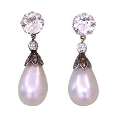 Edwardian Natural Pearl Diamond Platinum Drop Earrings GIA Certificated