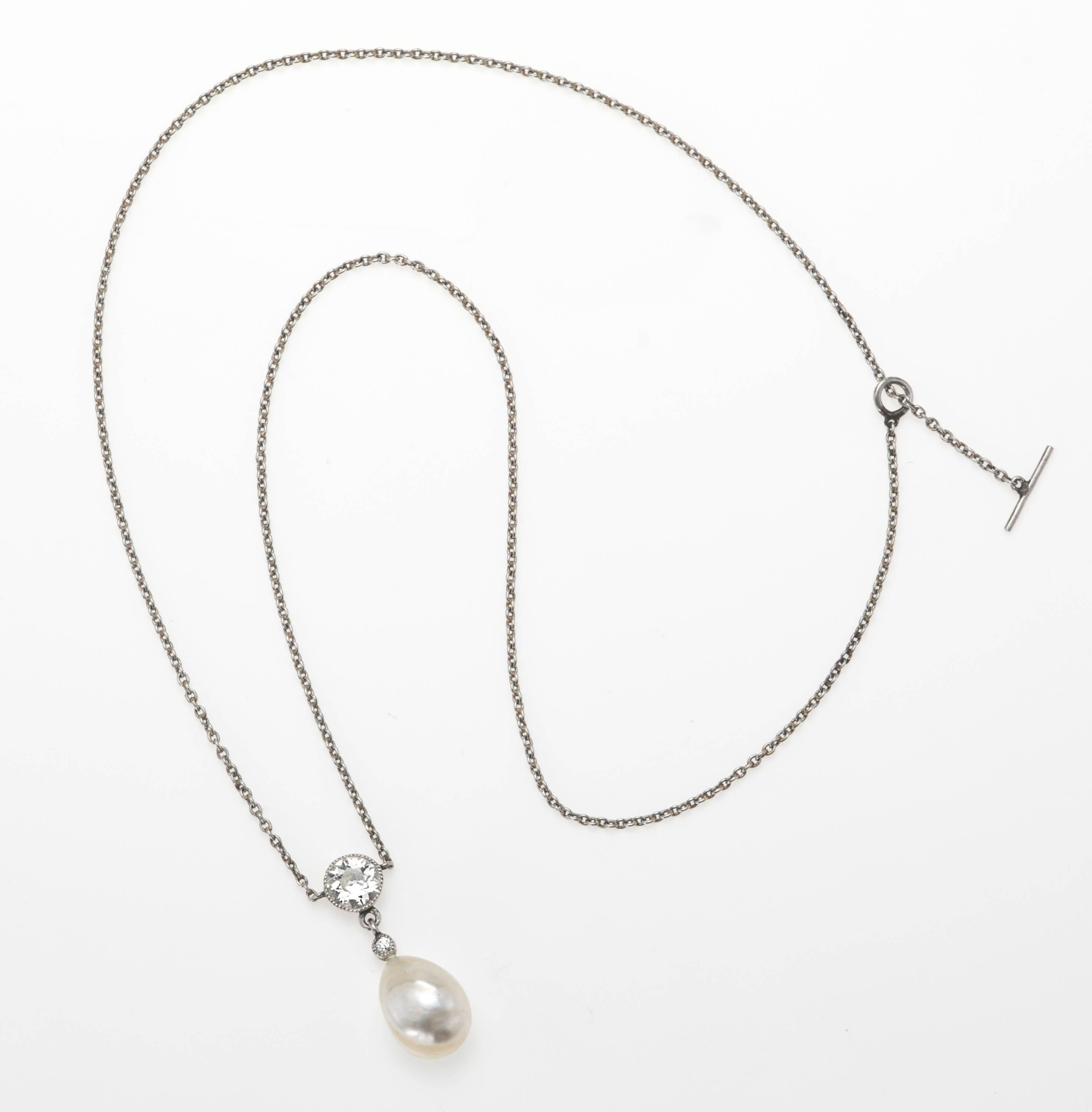 Old Mine Cut Edwardian Natural Pearl Diamond Platinum Necklace For Sale