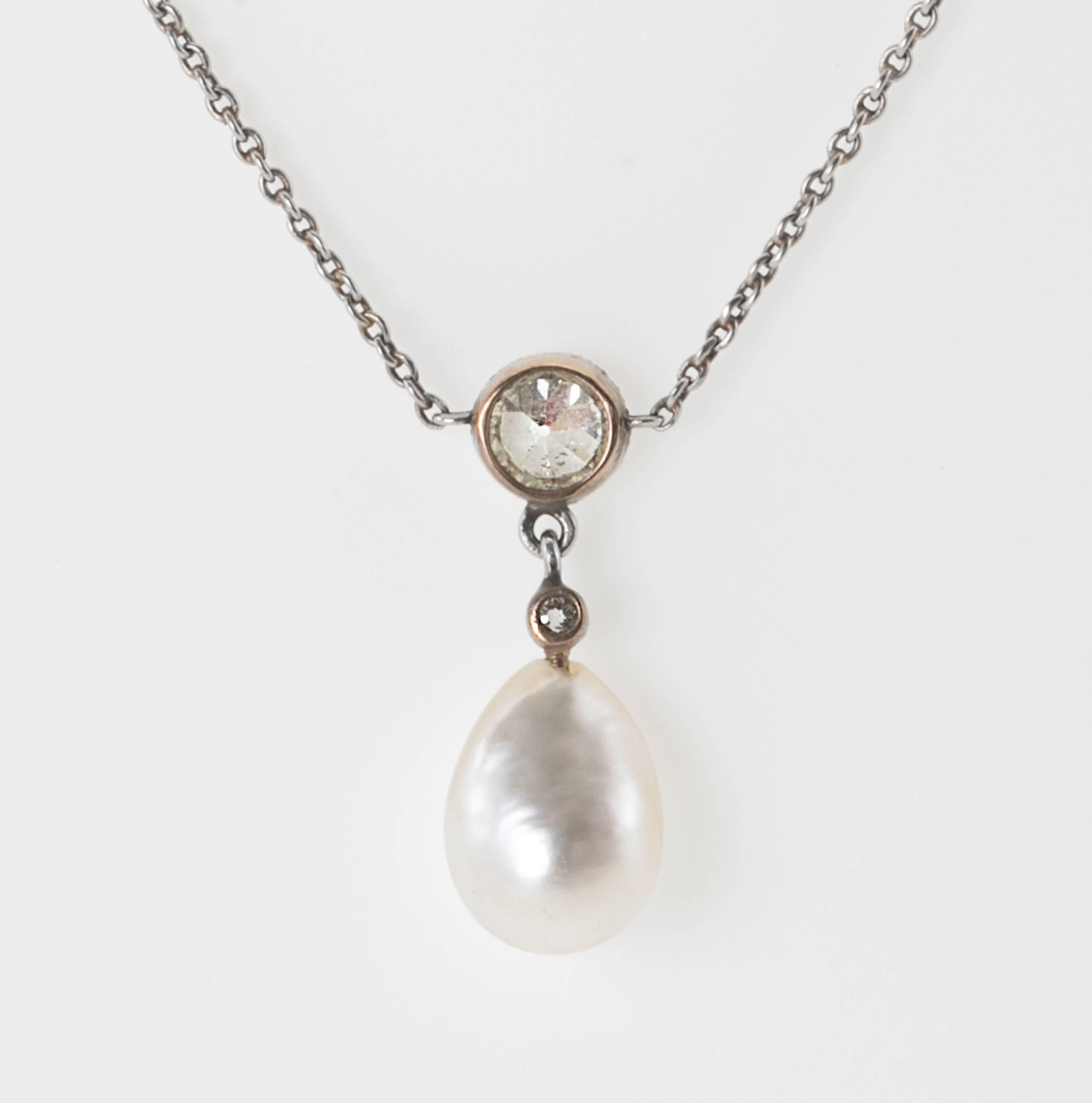 Edwardian Natural Pearl Diamond Platinum Necklace For Sale 1