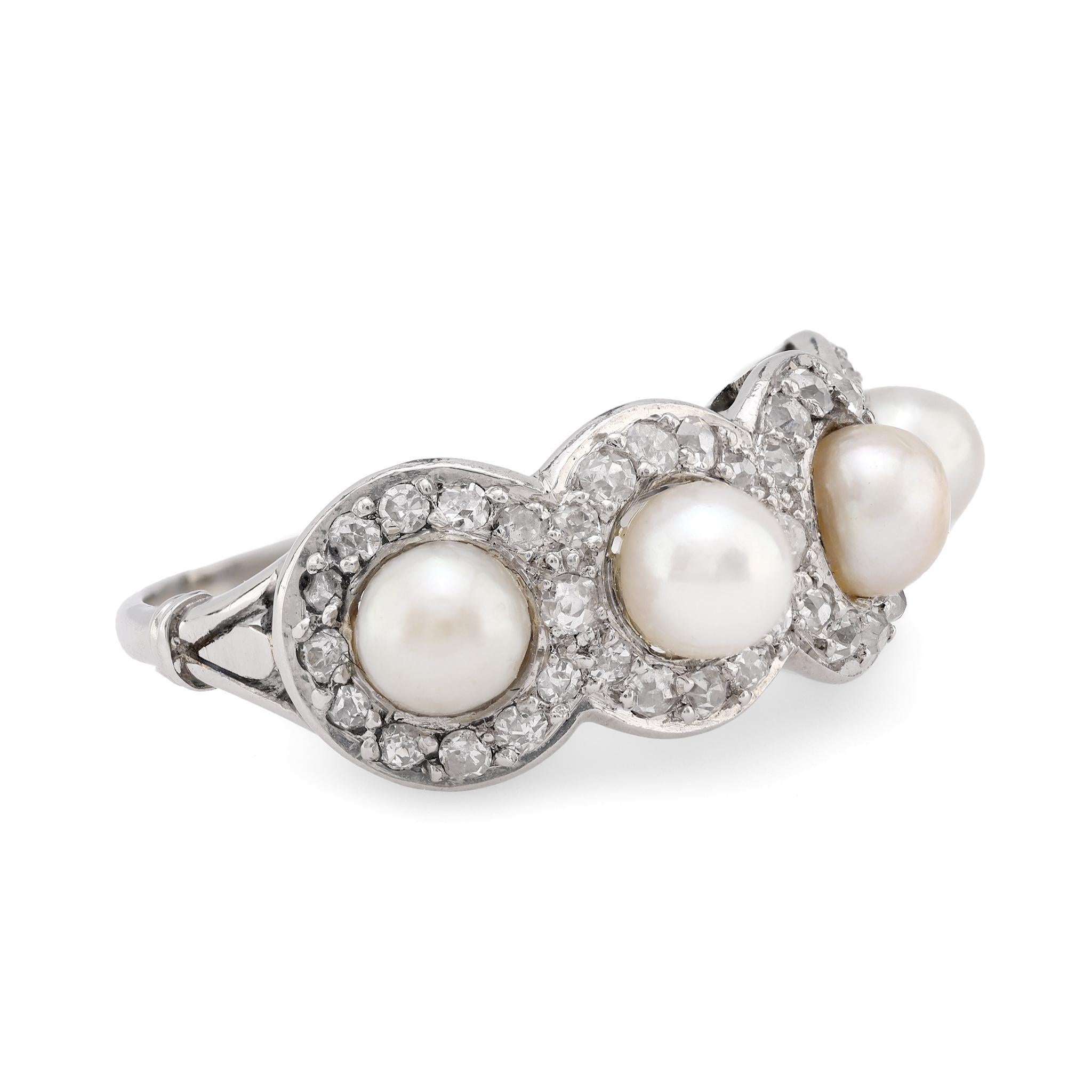 Round Cut Edwardian natural pearl diamond platinum ring For Sale