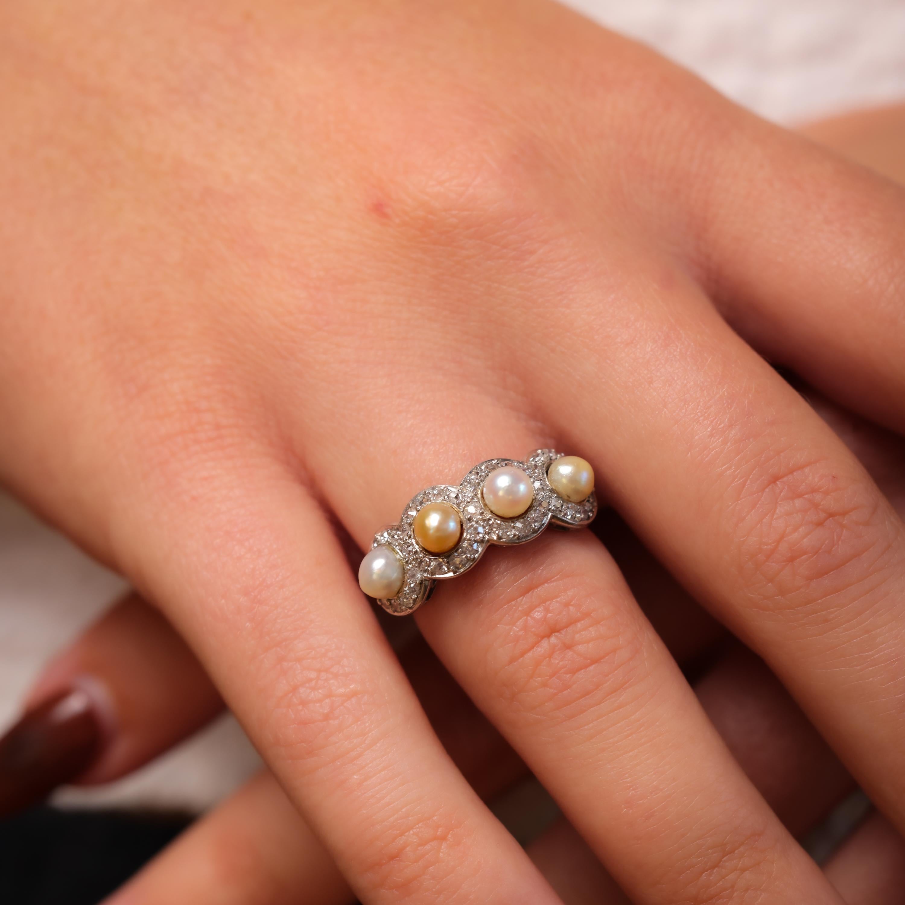 Edwardian natural pearl diamond platinum ring In Excellent Condition For Sale In Beverly Hills, CA