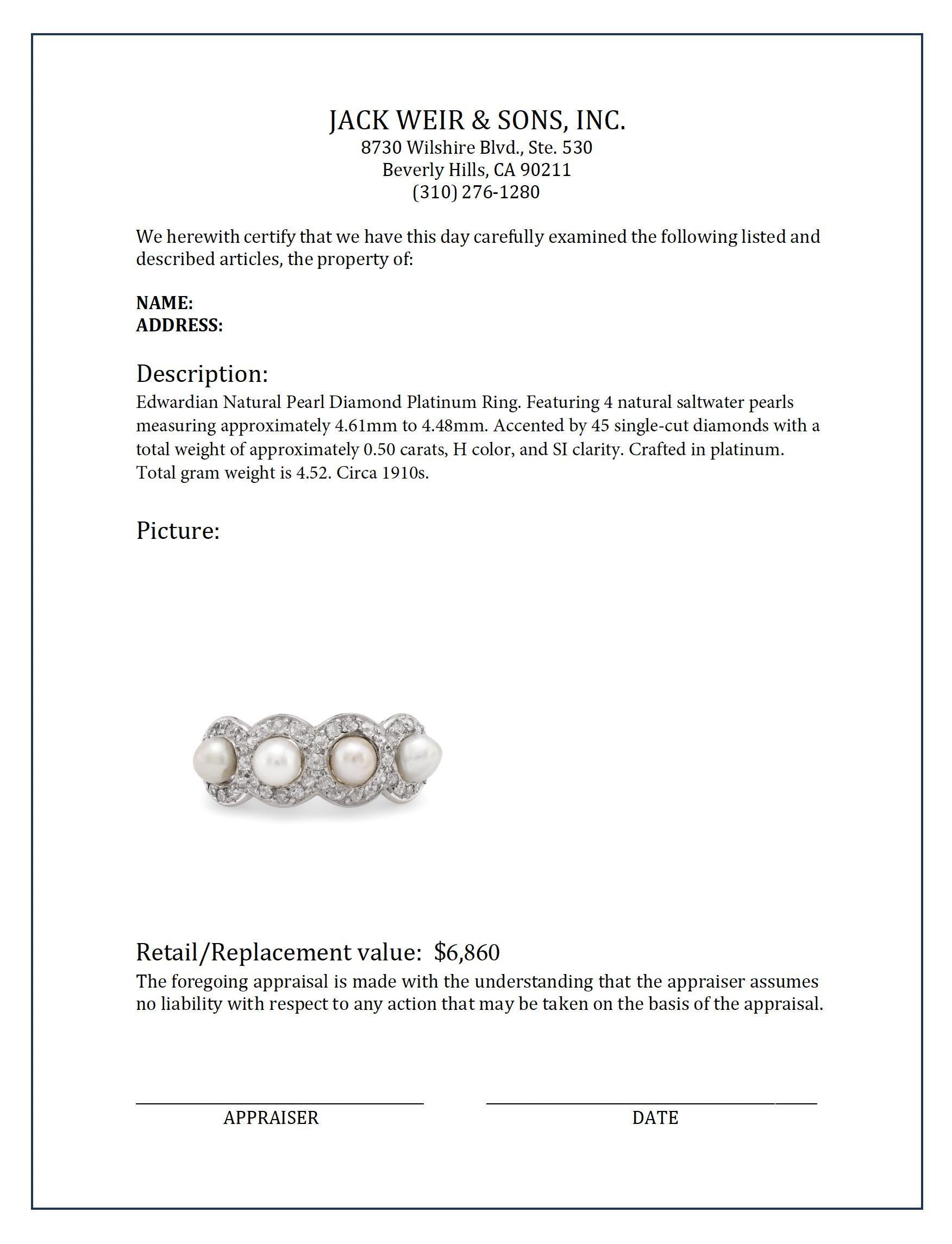 Women's or Men's Edwardian natural pearl diamond platinum ring For Sale