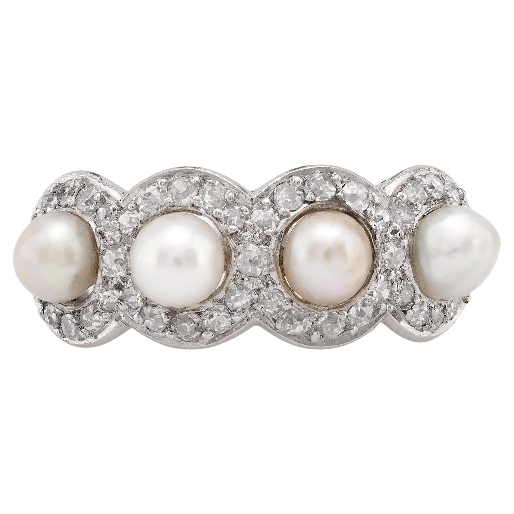 Edwardian natural pearl diamond platinum ring For Sale