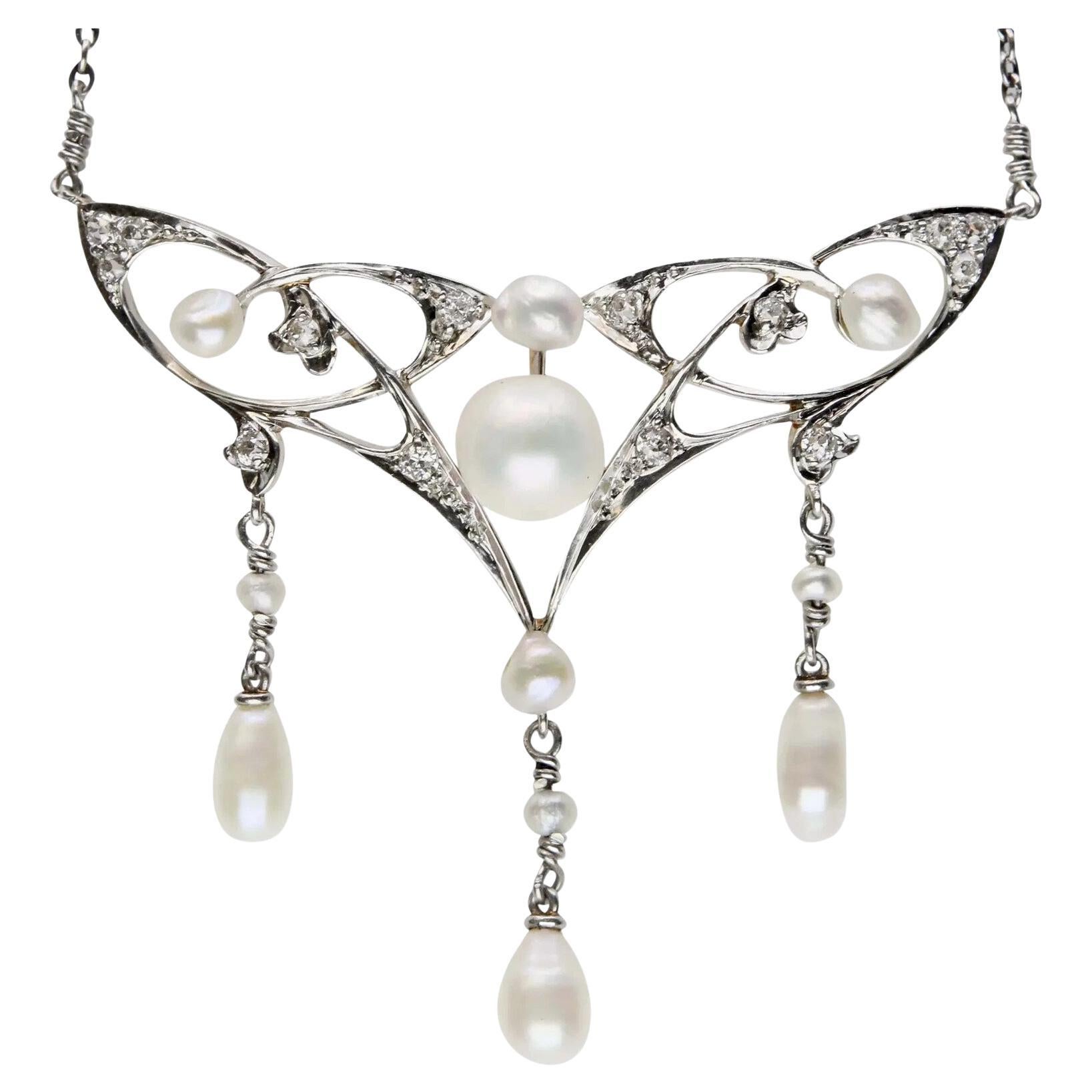 Edwardian Natural Pearl & Mine Cut Diamond Lavalier Necklace in Platinum, 14K Go