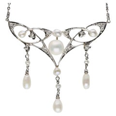 Vintage Edwardian Natural Pearl & Mine Cut Diamond Lavalier Necklace in Platinum, 14K Go