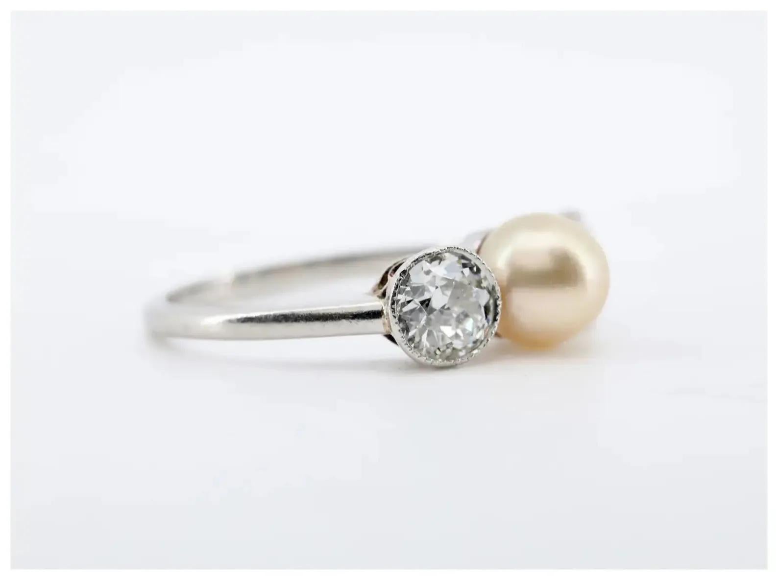 Art Deco Edwardian Natural Pearl & Old European Cut Diamond Three Stone Ring in Platinum For Sale