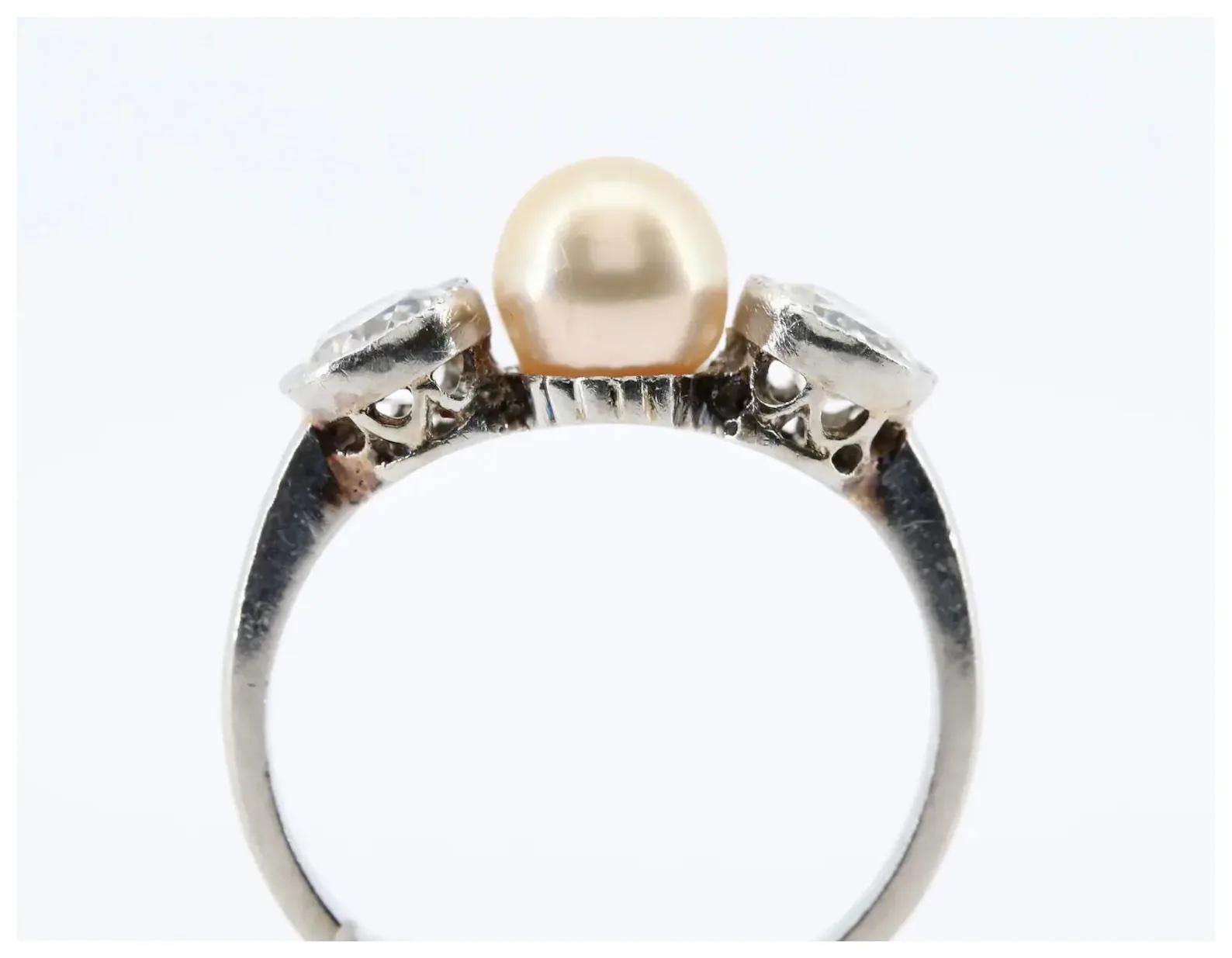 Women's Edwardian Natural Pearl & Old European Cut Diamond Three Stone Ring in Platinum For Sale