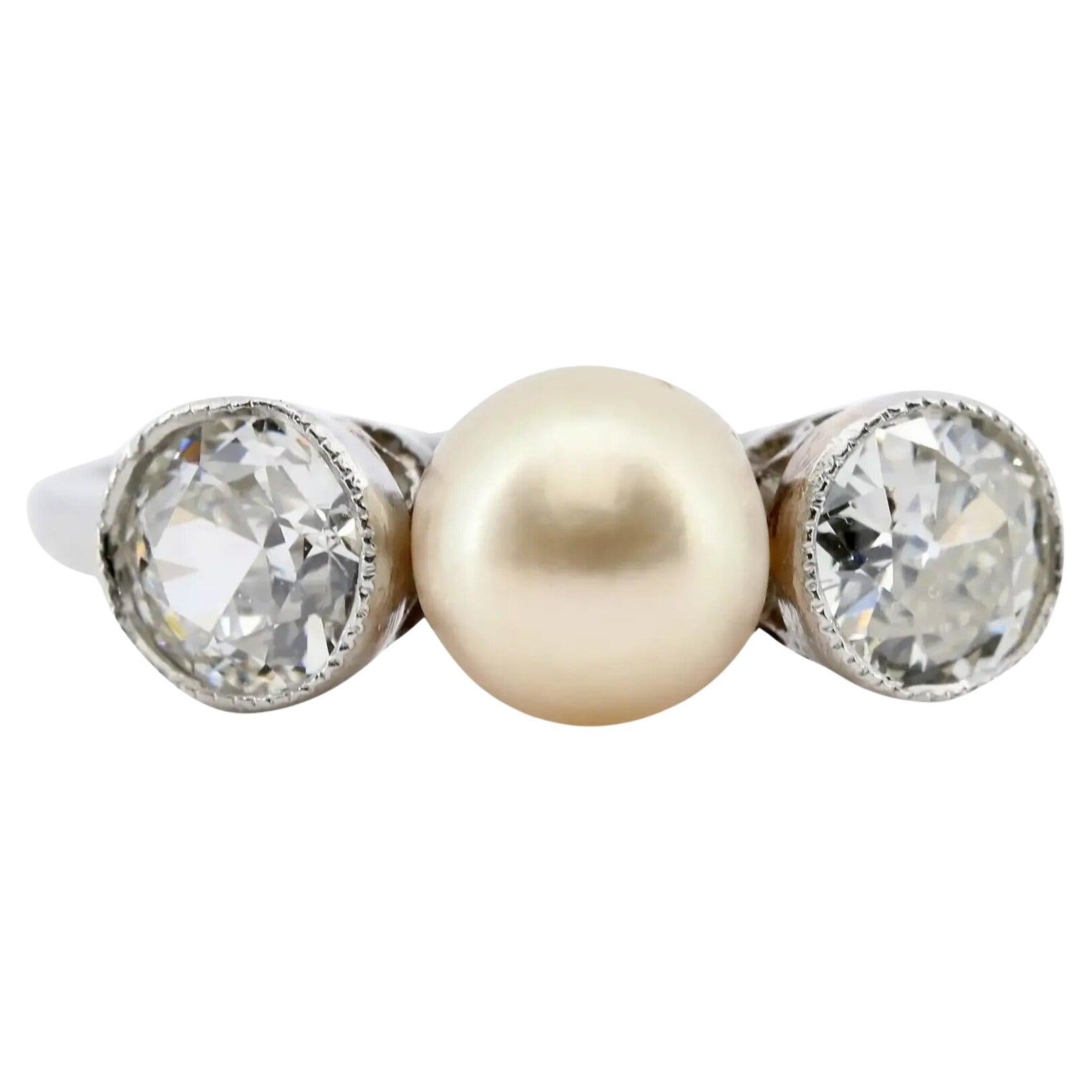 Edwardian Natural Pearl & Old European Cut Diamond Three Stone Ring in Platinum For Sale