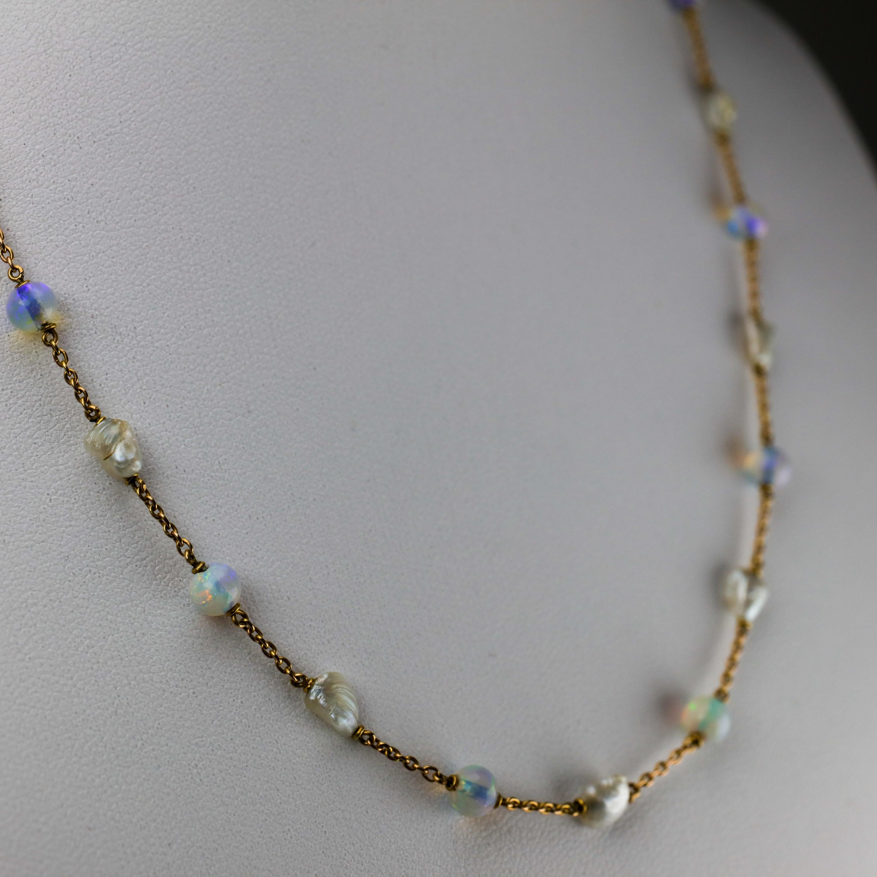 Women's or Men's Edwardian Natural Pearl and Opal Necklace