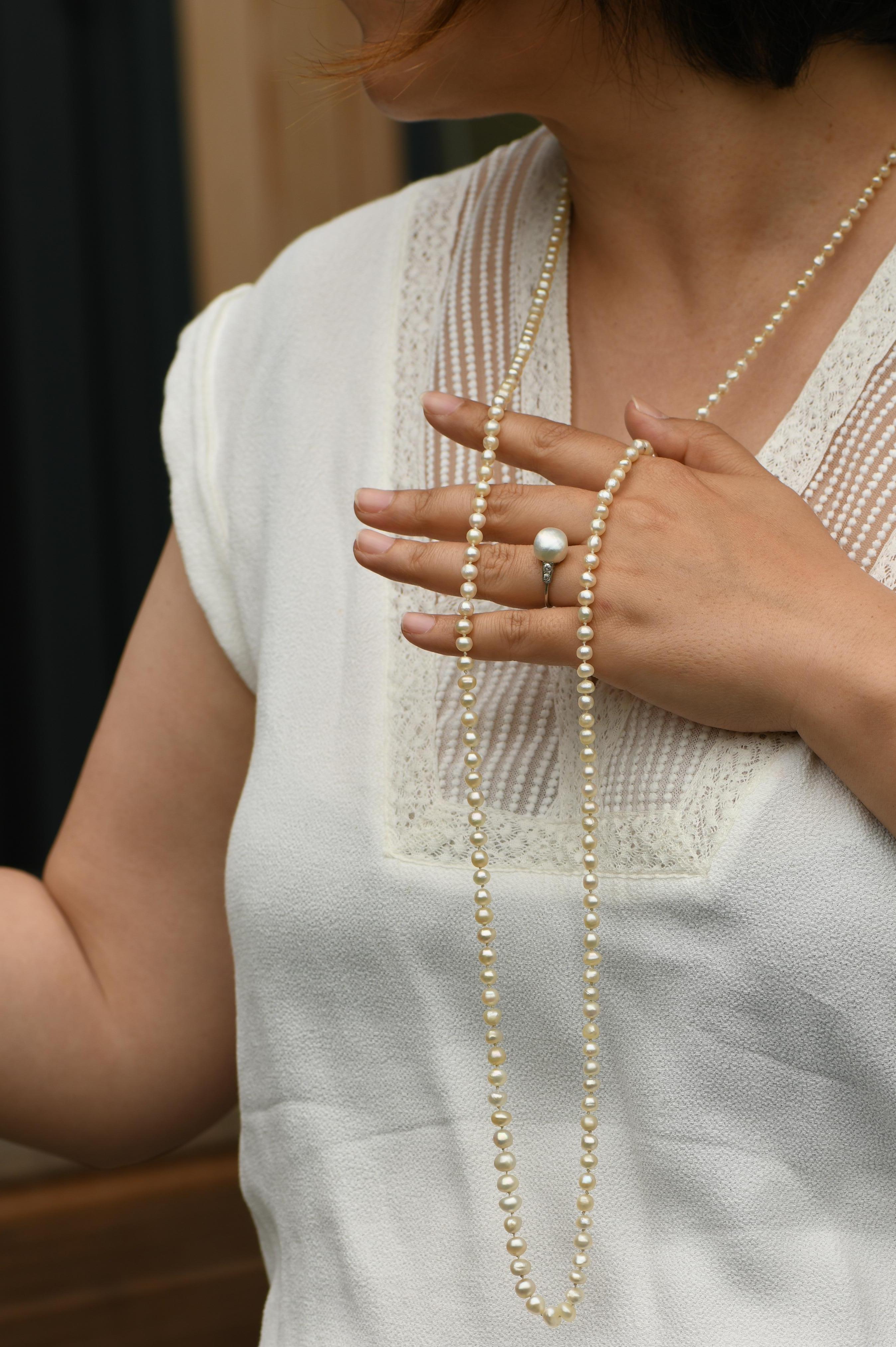 A very elegant antique French natural pearl and platinum long chain necklace. These fine and impressive pearls have got very good luster. This lovely antique necklace can be worn single or double string around your neck. Each way has got its own