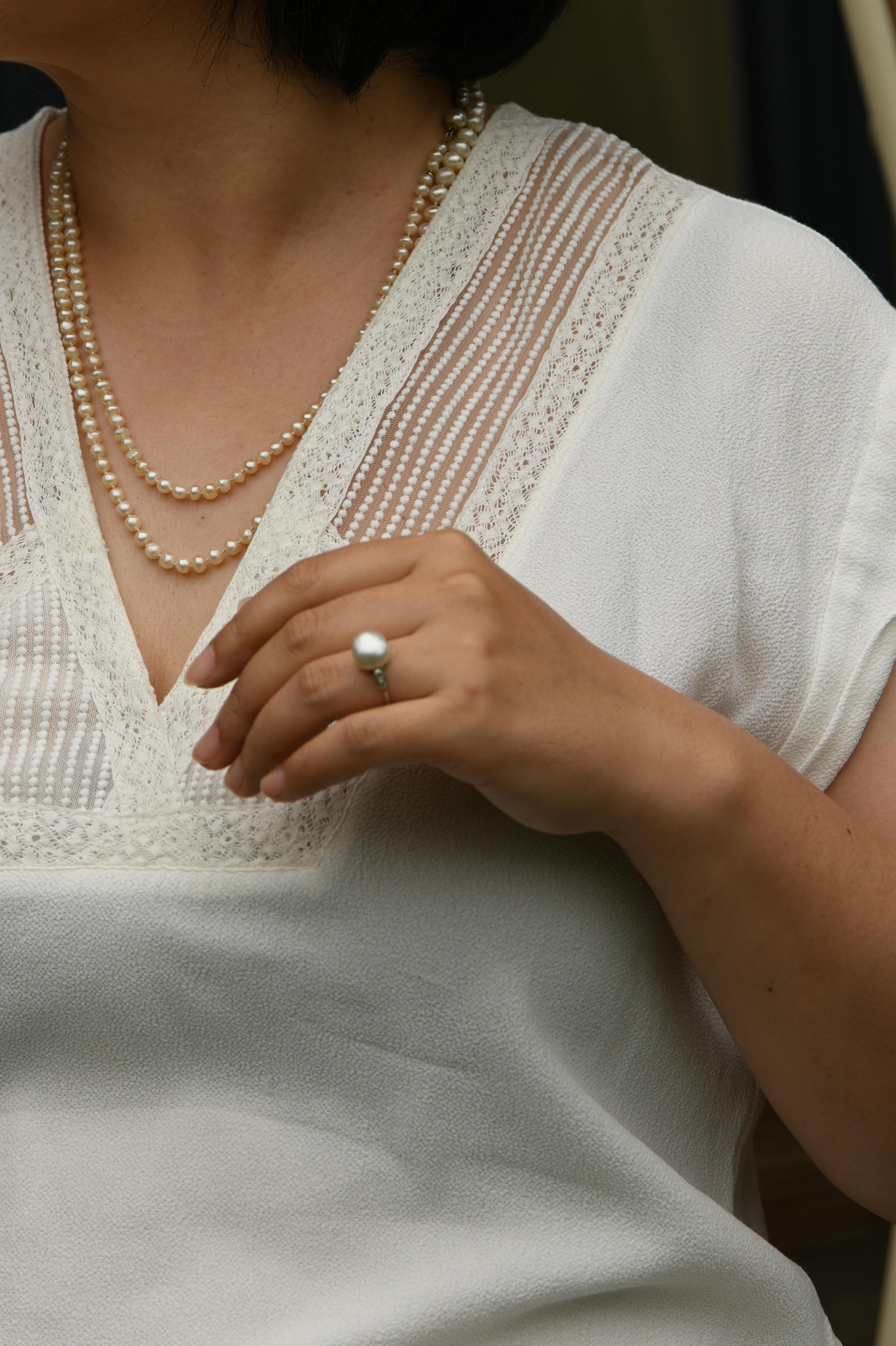 Women's or Men's Edwardian Natural Pearl Platinum Long Chain Necklace