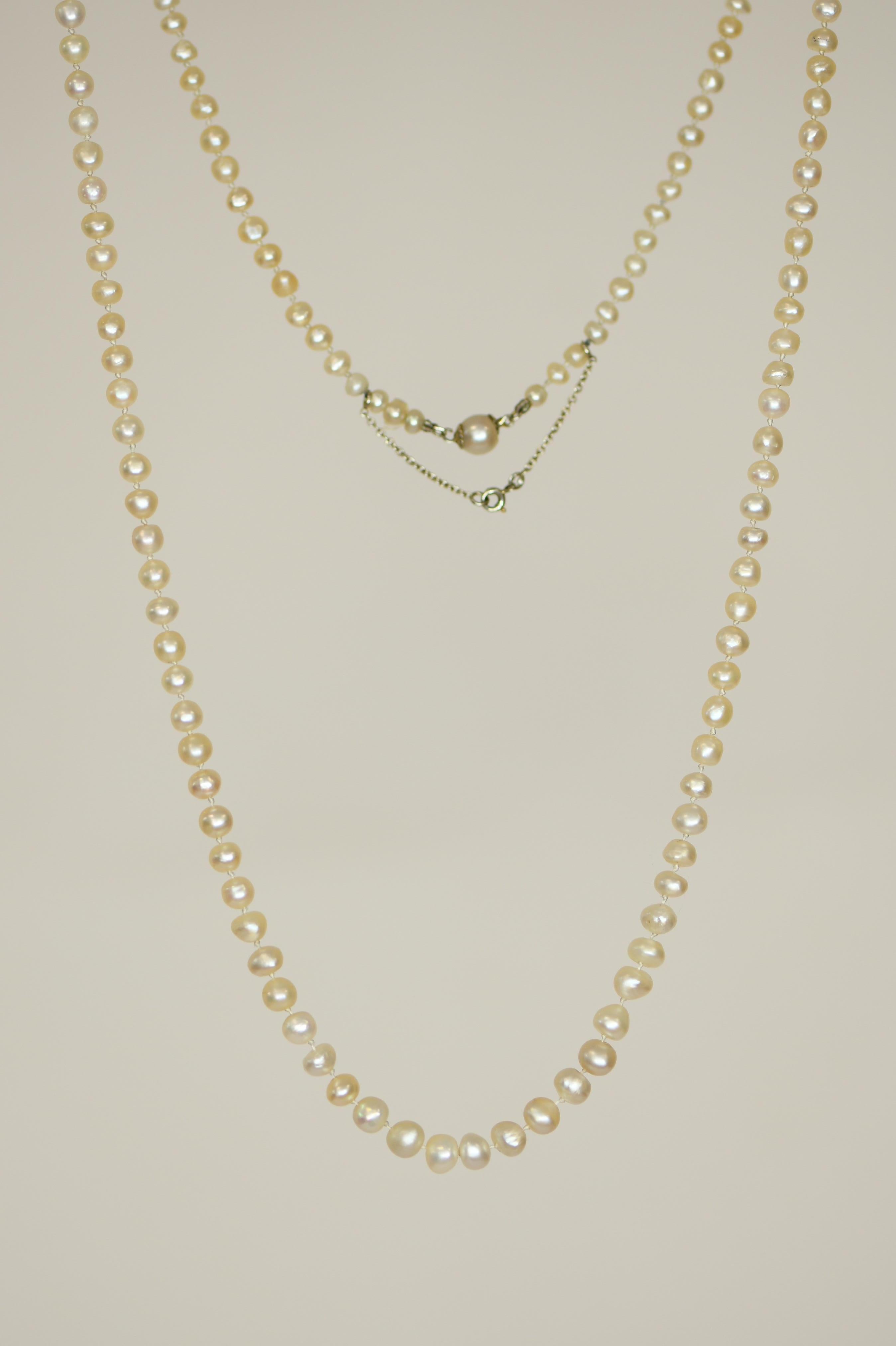 Edwardian Natural Pearl Platinum Long Chain Necklace 1
