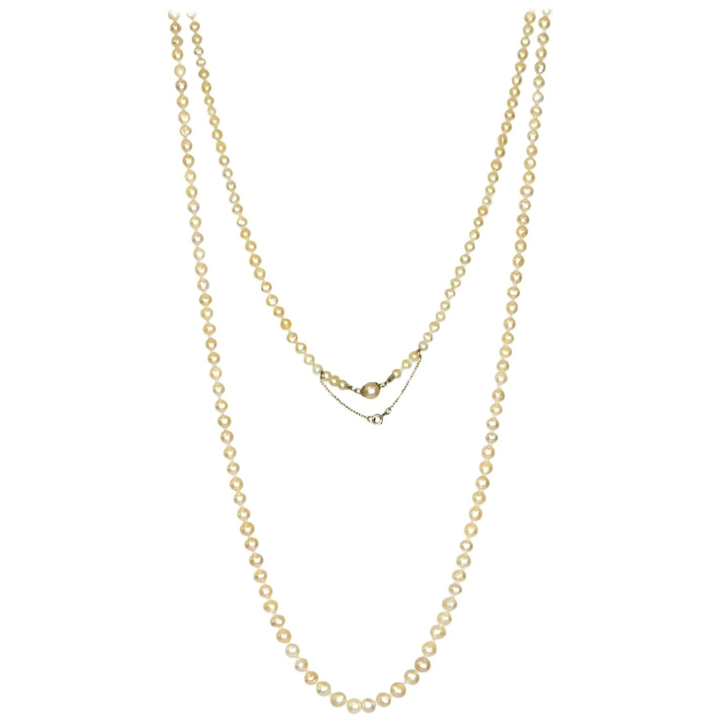 Edwardian Natural Pearl Platinum Long Chain Necklace