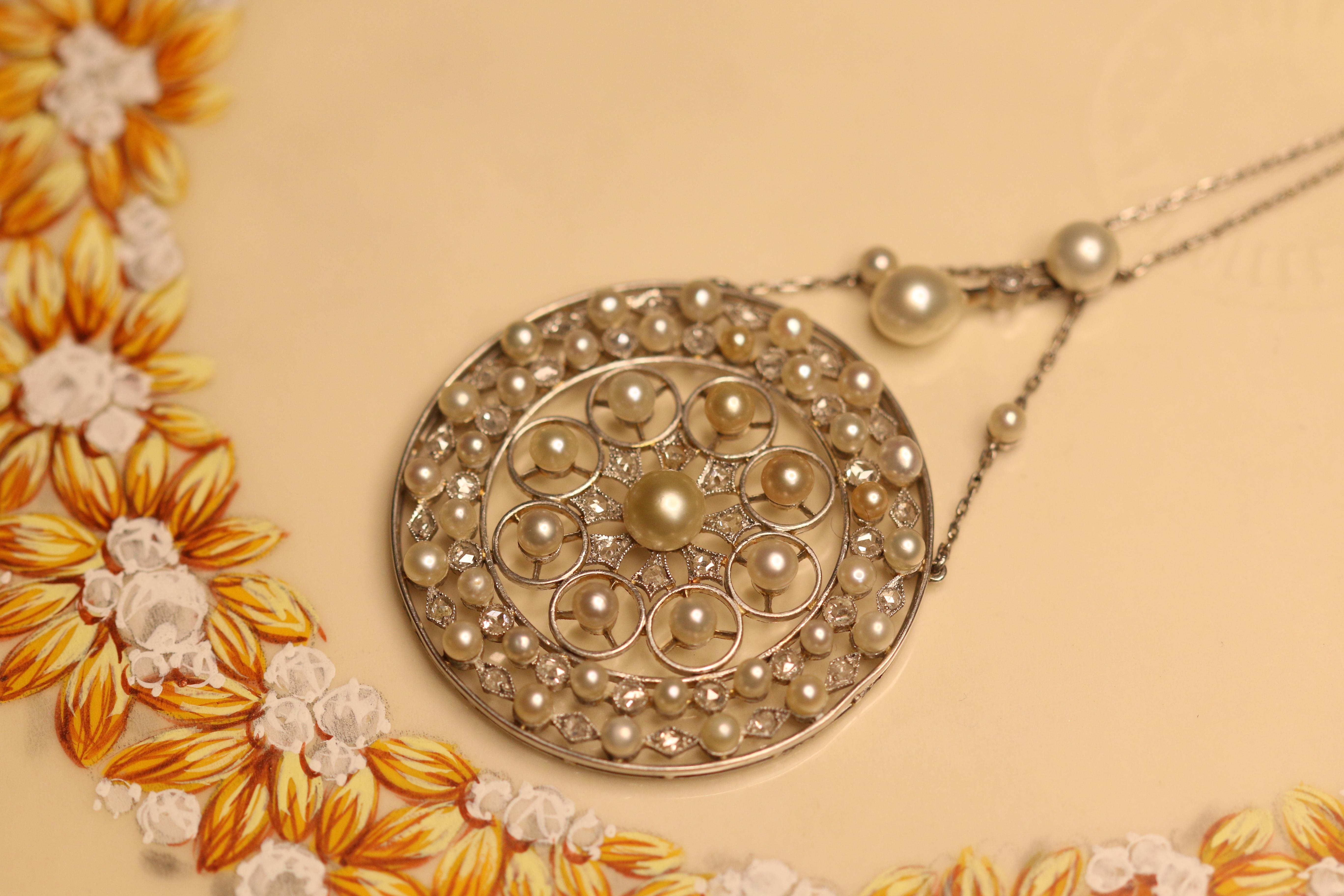 Édouardien Collier pendentif édouardien en platine et perles naturelles en vente