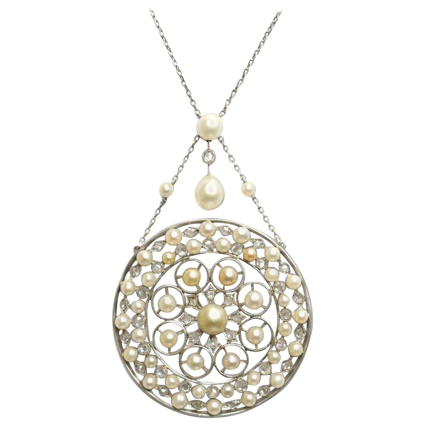 Edwardian Natural Pearl Platinum Pendant Necklace