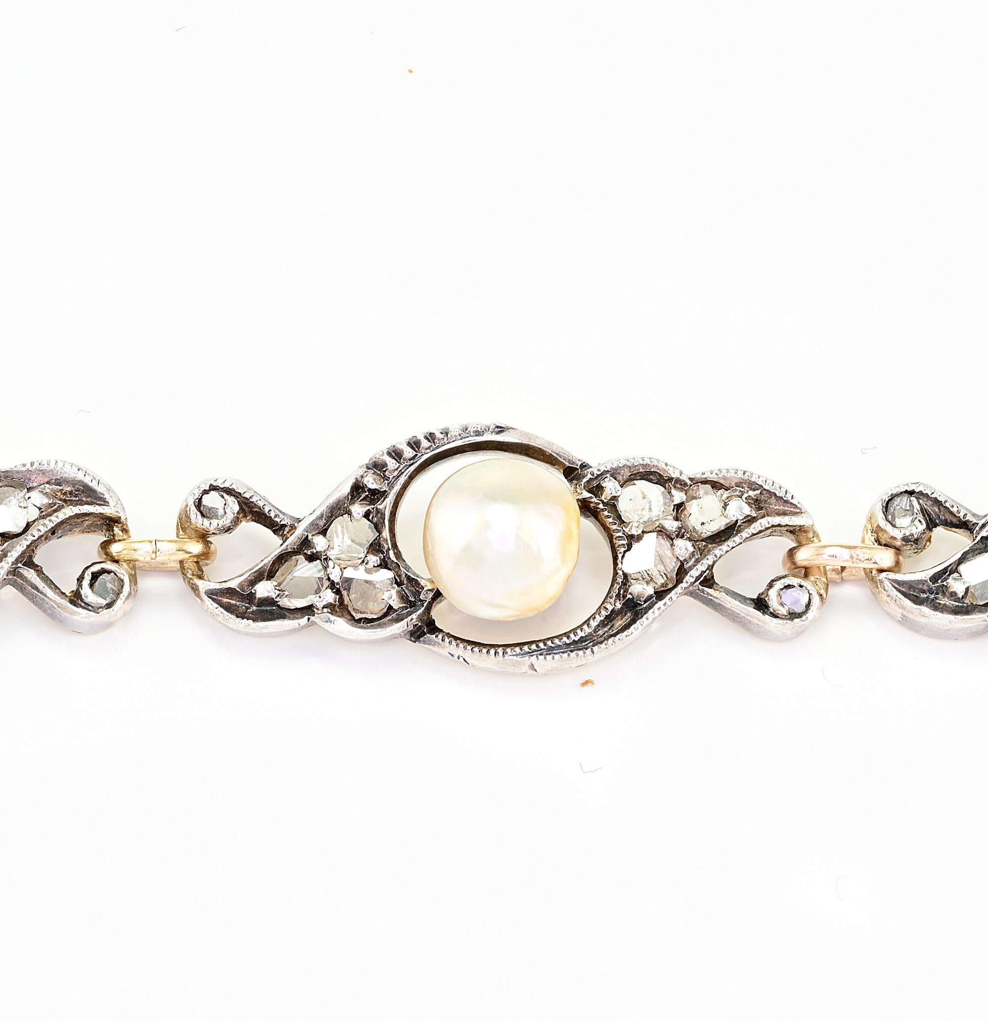 Women's or Men's Edwardian Natural Pearl Rose Cut Diamond 18 KT Silver Bracelet  For Sale