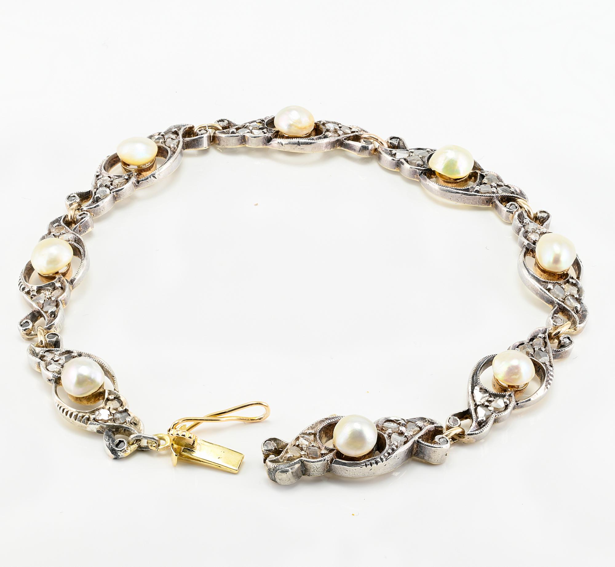 Edwardian Natural Pearl Rose Cut Diamond 18 KT Silber Armband  für Damen oder Herren im Angebot