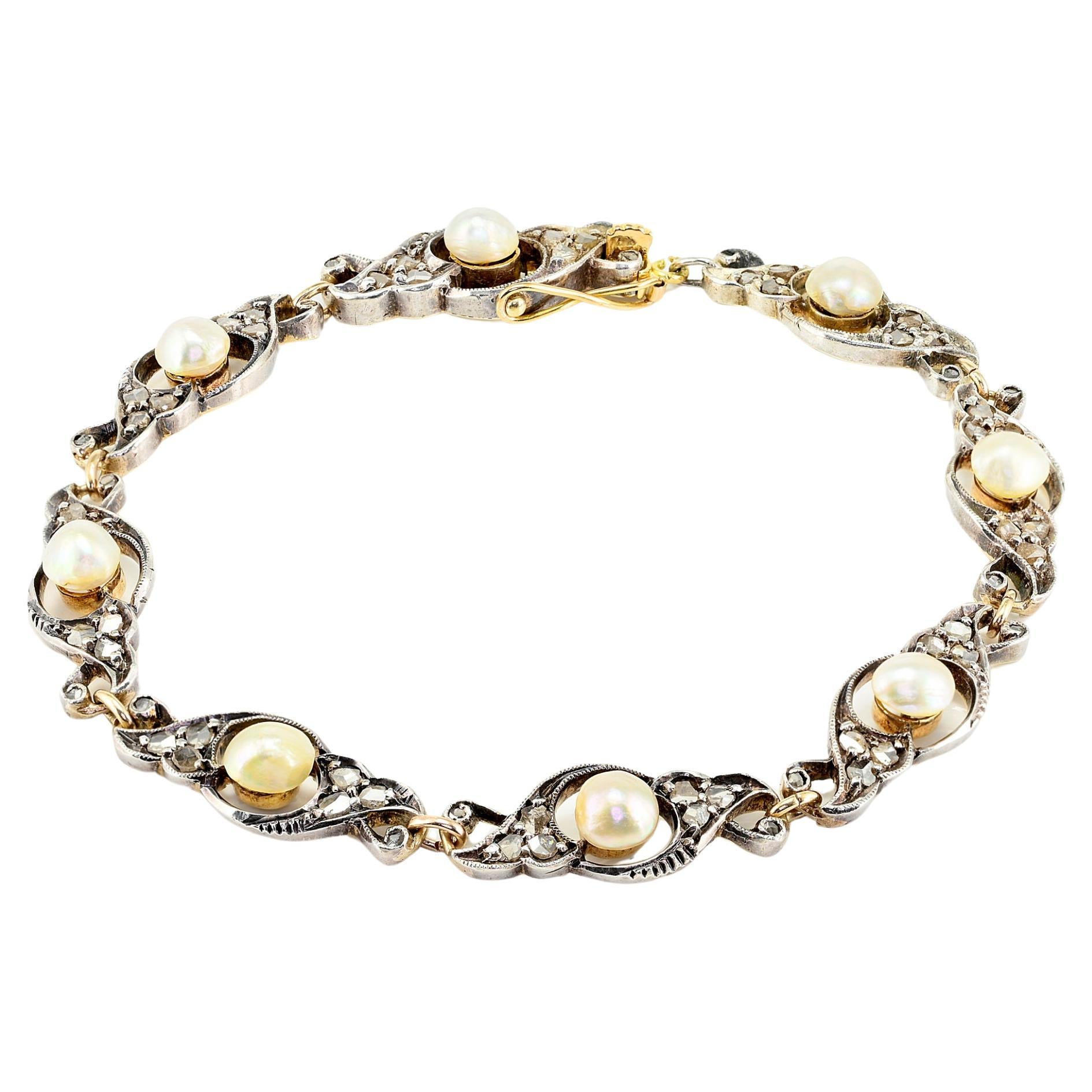 Edwardian Natural Pearl Rose Cut Diamond 18 KT Silver Bracelet For Sale