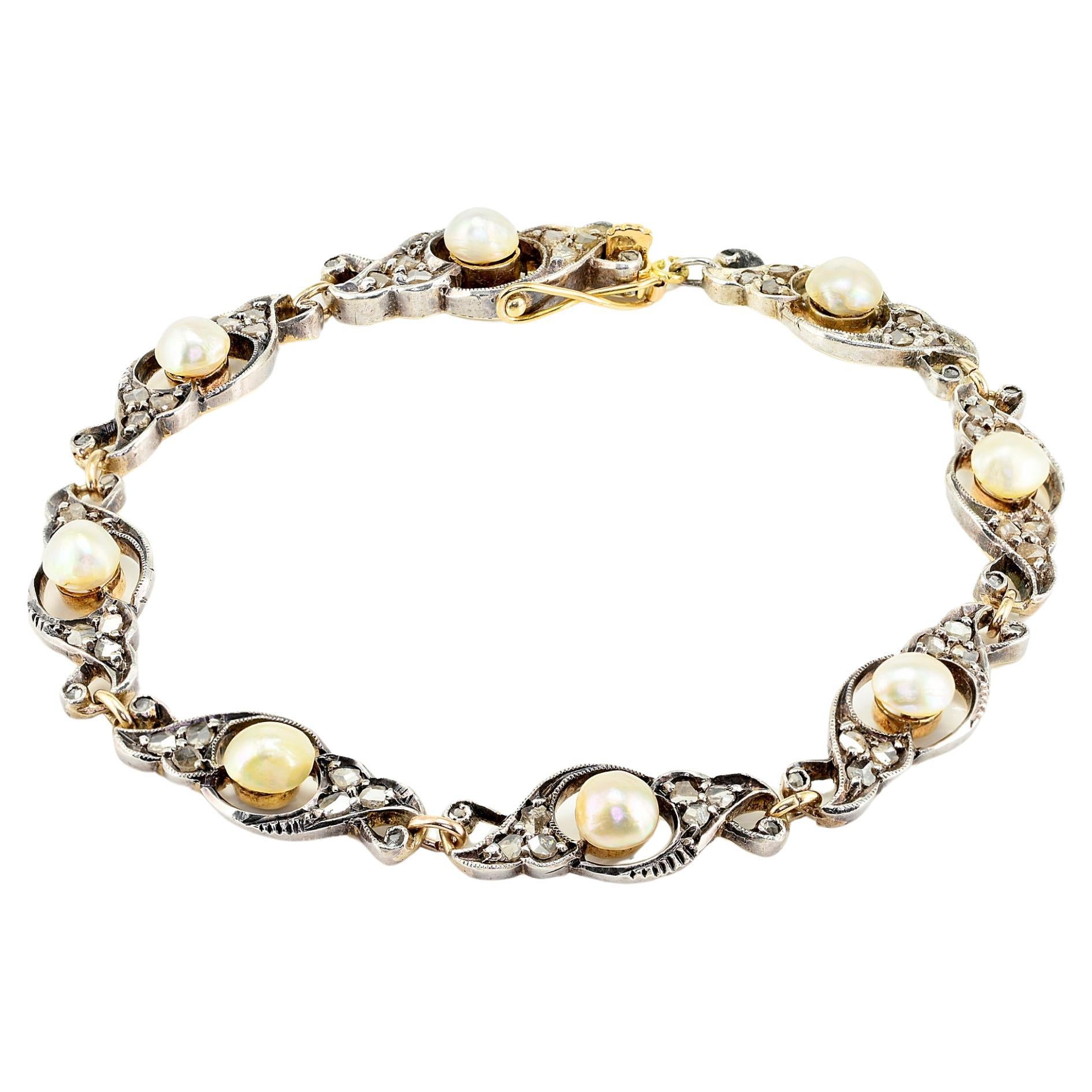 Bracelet édouardien en argent 18 KT avec perles naturelles et diamants taille rose 