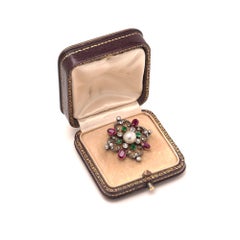 Edwardian Natural Pearl, Ruby, Emerald and Diamond Baroness Issaverdens Brooch