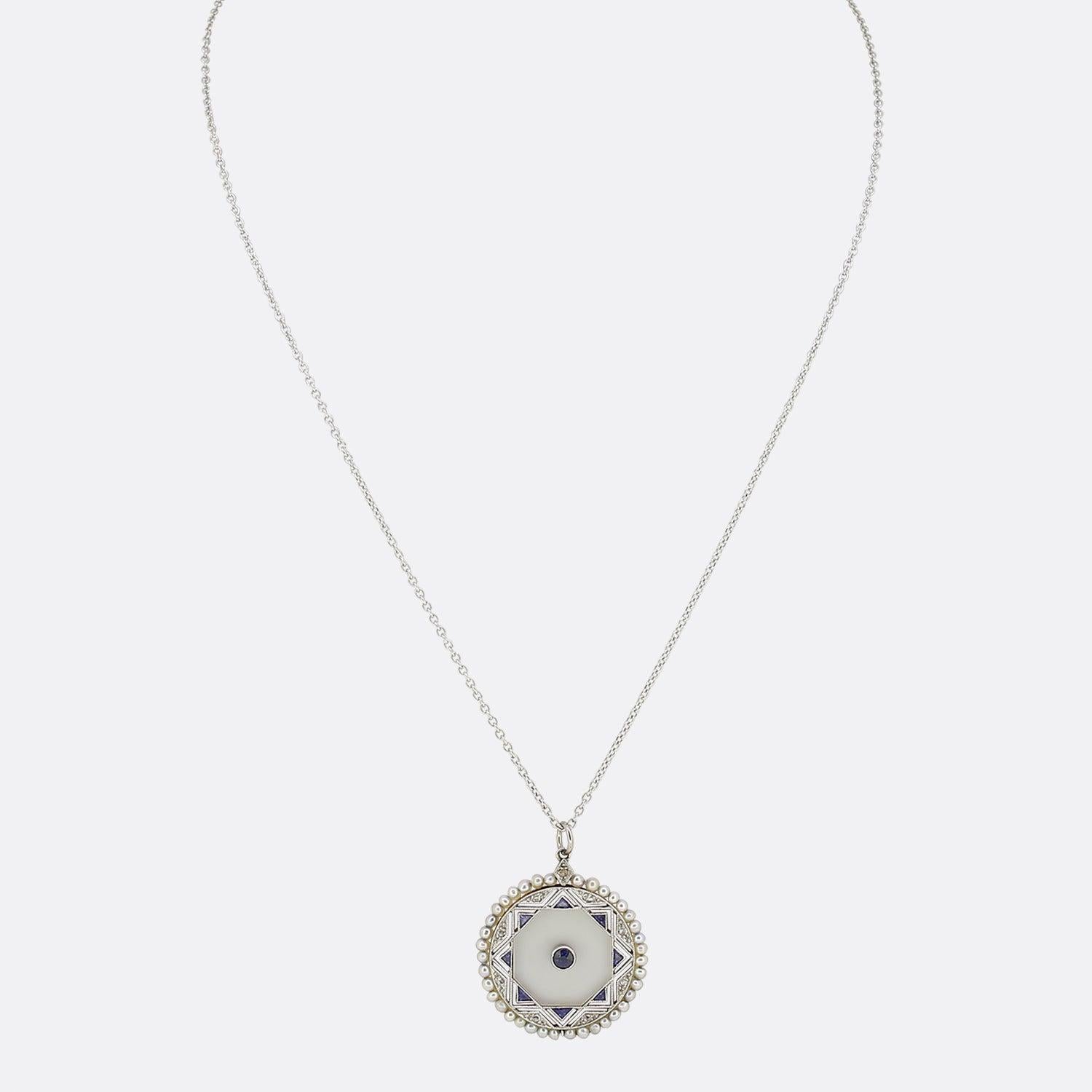 Round Cut Edwardian Natural Pearl, Sapphire and Diamond Necklace For Sale